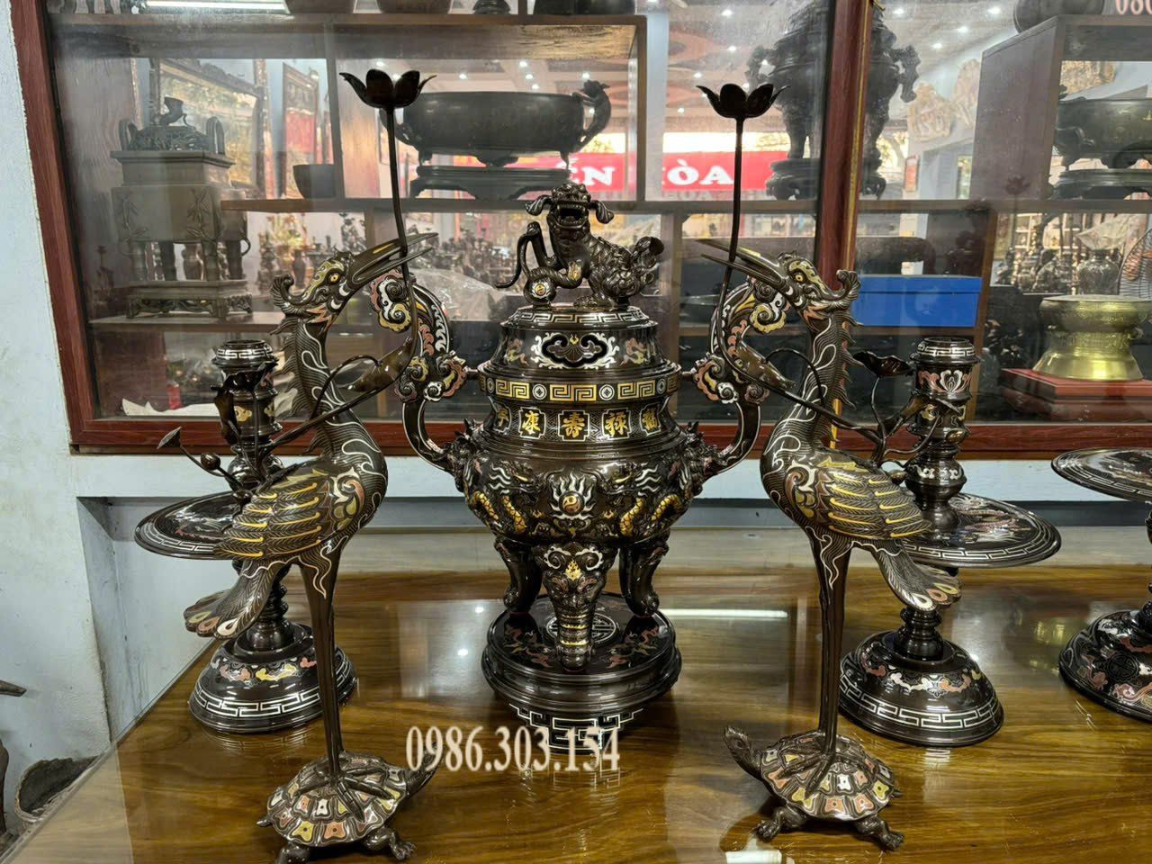 Đỉnh đồng 65cm ngũ sự khảm ngũ sắc rồng nổi