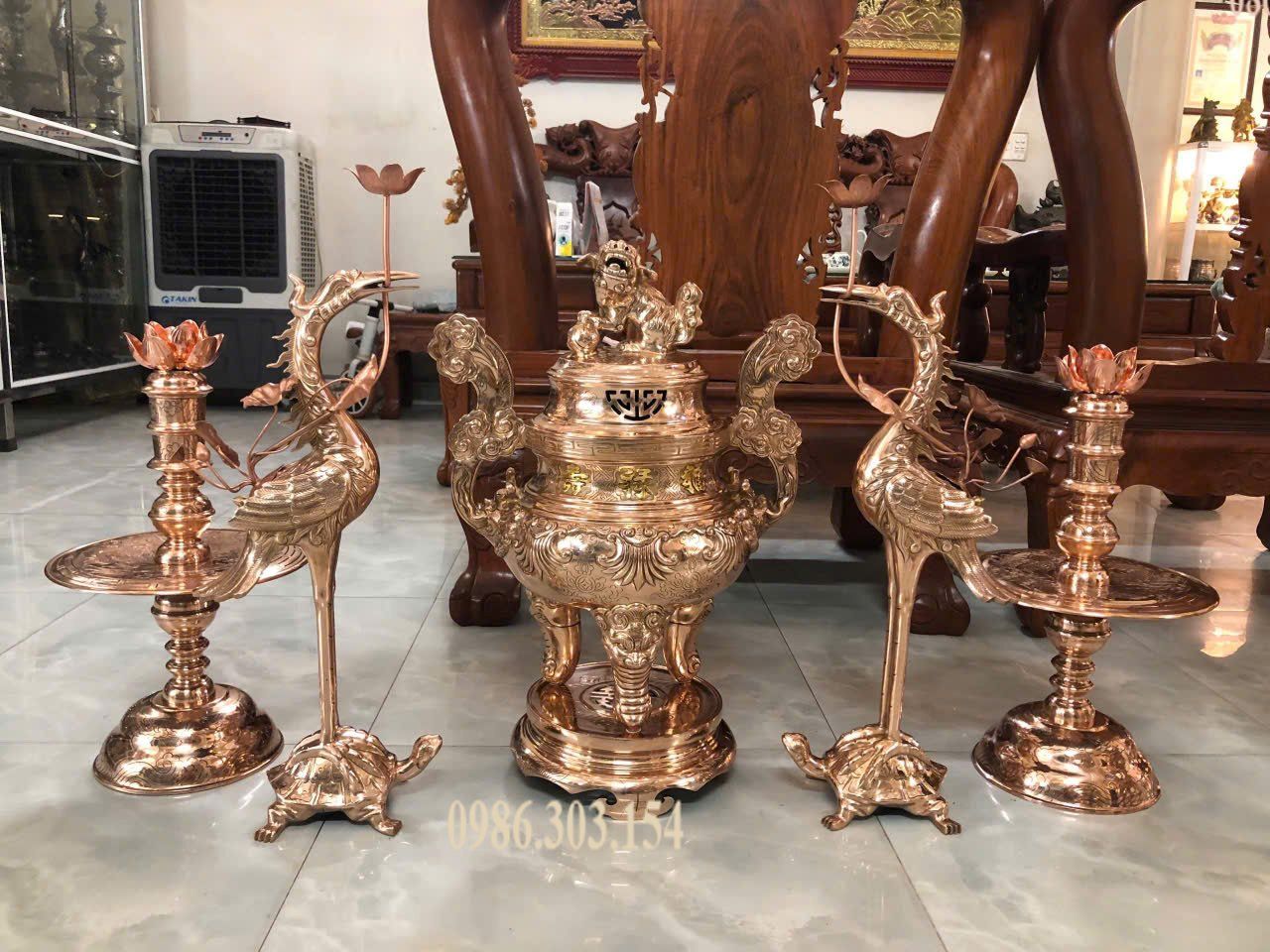 Bộ ngũ sự sòi 60cm đồng đỏ dát điểm vàng chữ