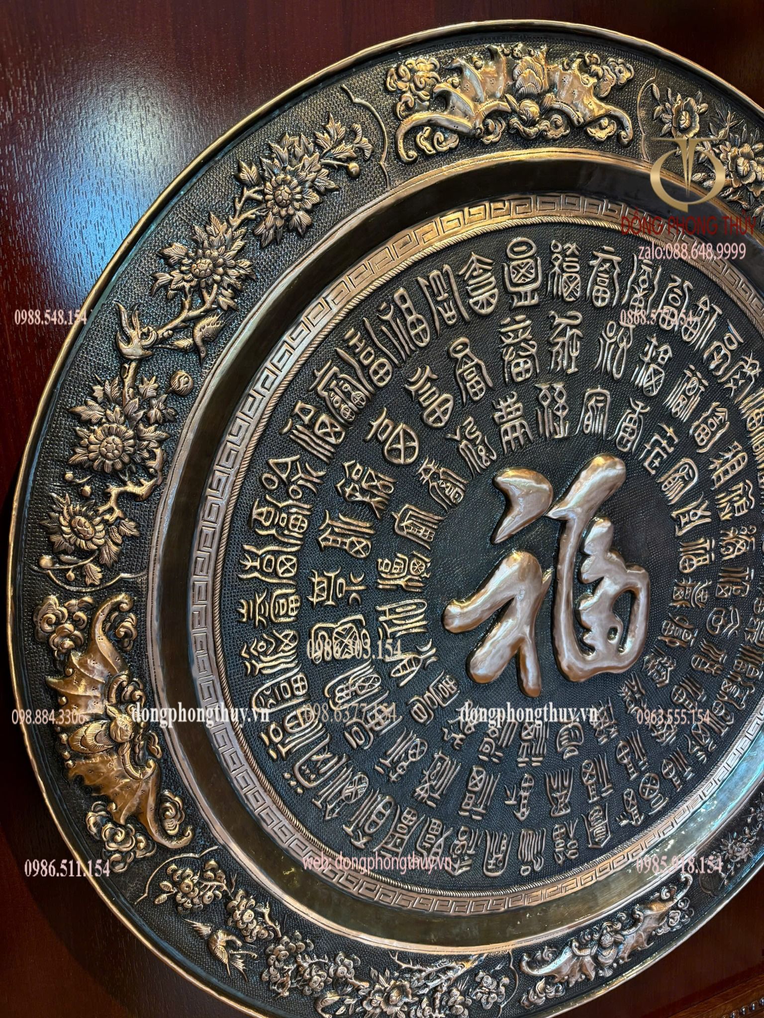 Tranh bách phúc bằng đồng đỏ trạm chữ thủ công thúc nổi