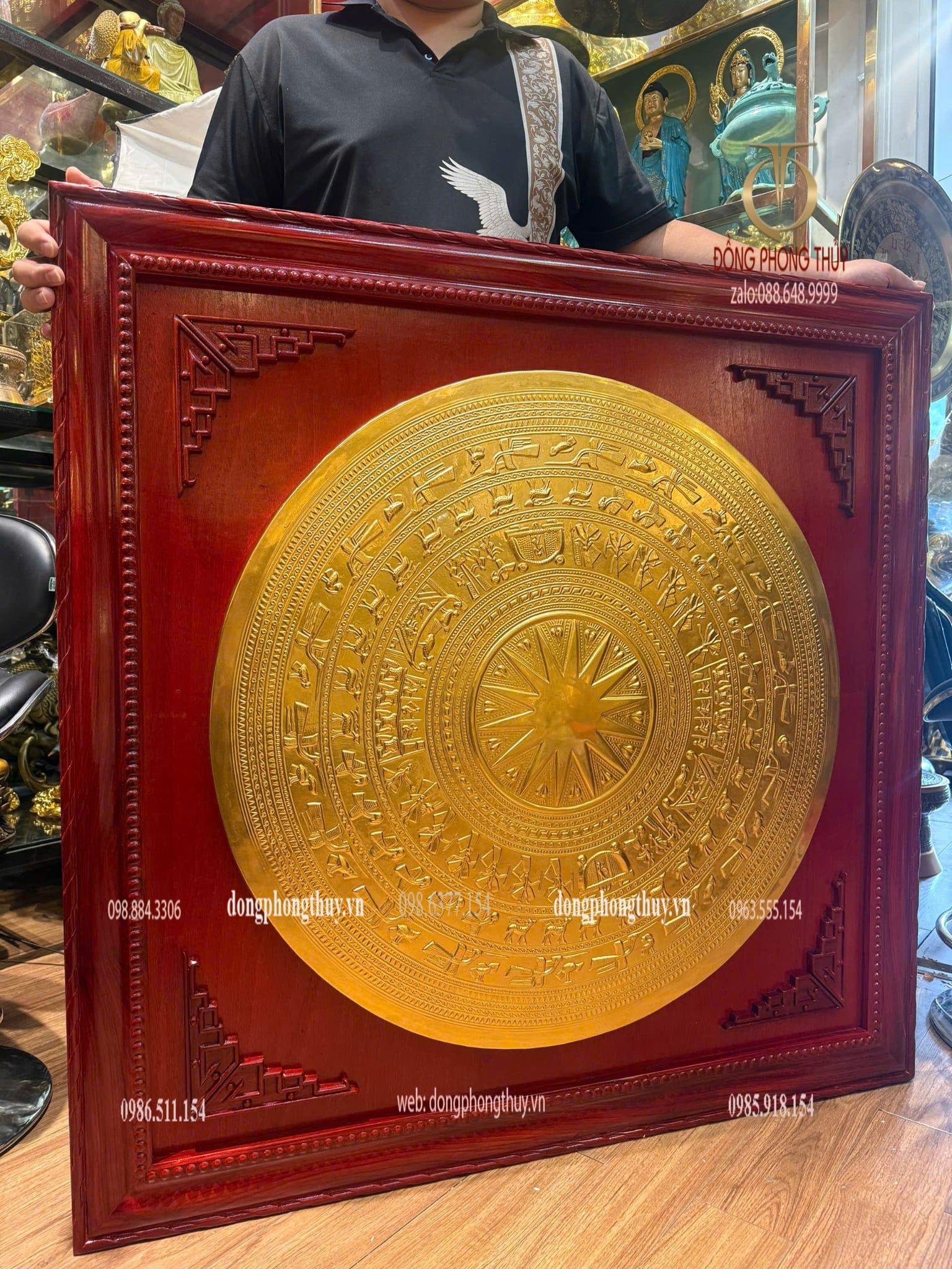 Tranh trống đồng dát vàng 24k thúc nổi thủ công 80cm