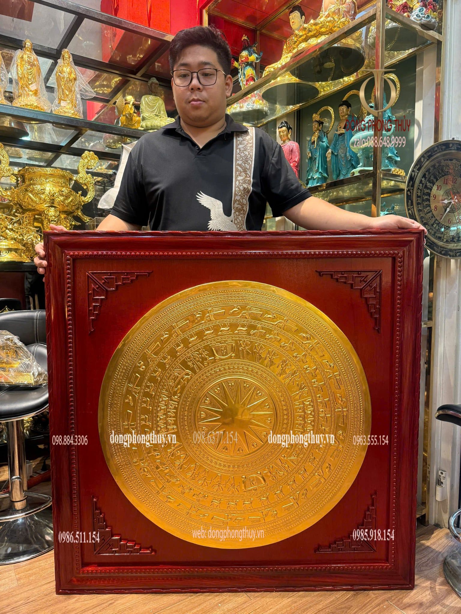 Tranh trống đồng dát vàng 24k thúc nổi thủ công 80cm
