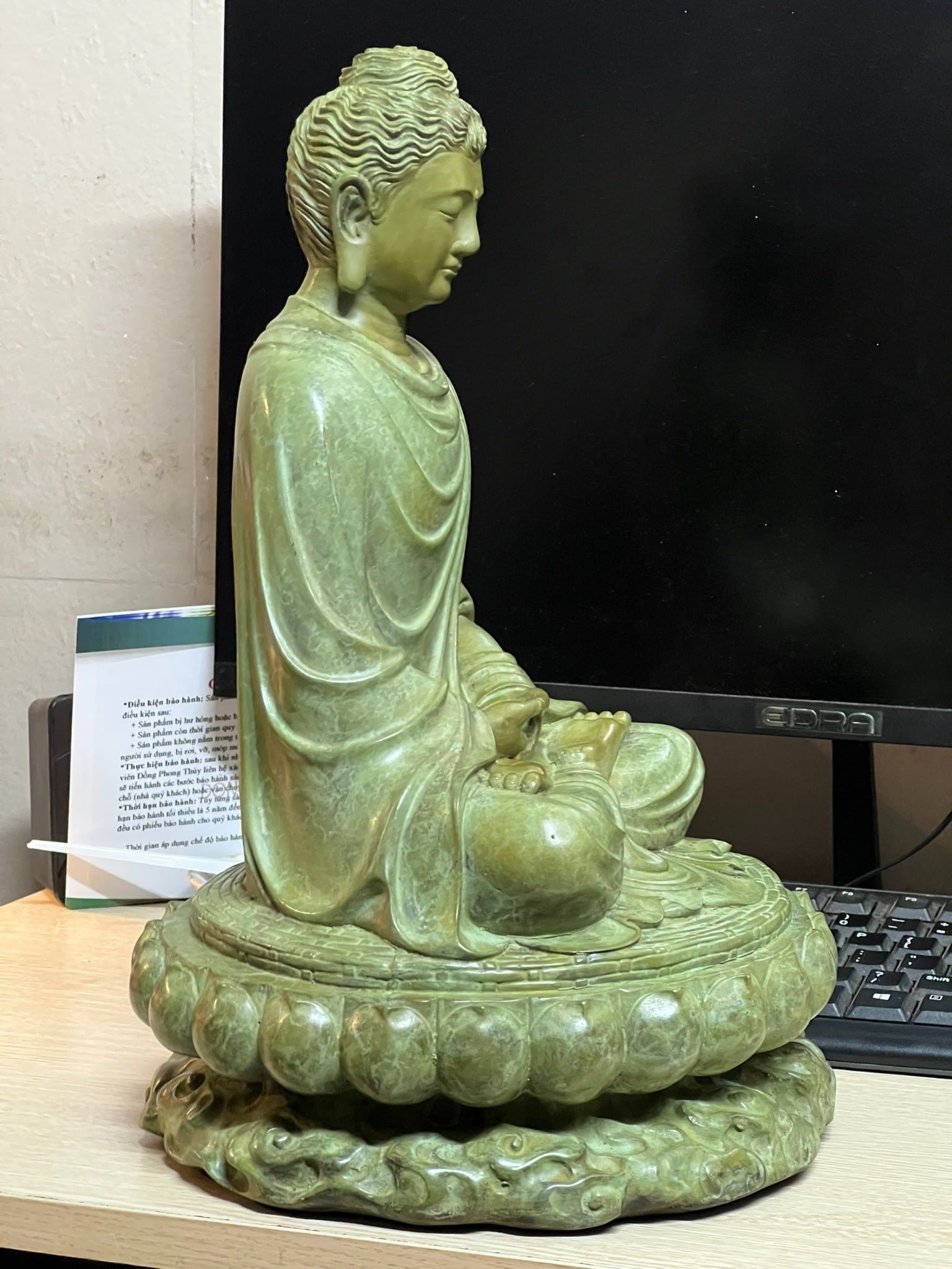 Tượng phật thích ca bằng đồng patina xanh ngọc lục bích vân hỏa biến độc bản cao 35 ngang 23 nặng 8,5kg