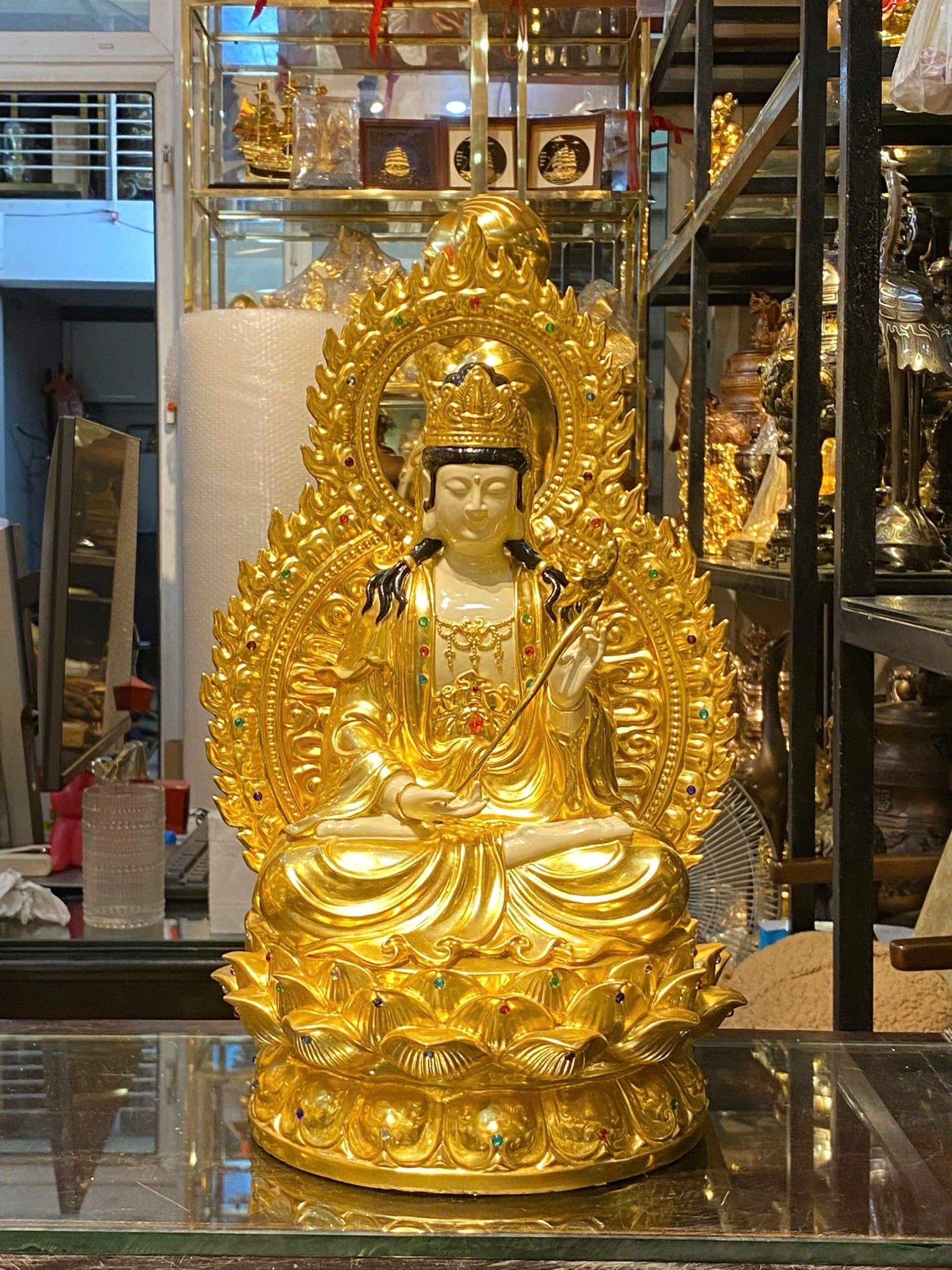Tượng tây Phương Tam Thánh cao 43cm nặng 38kg dát vàng 24k, vẽ màu