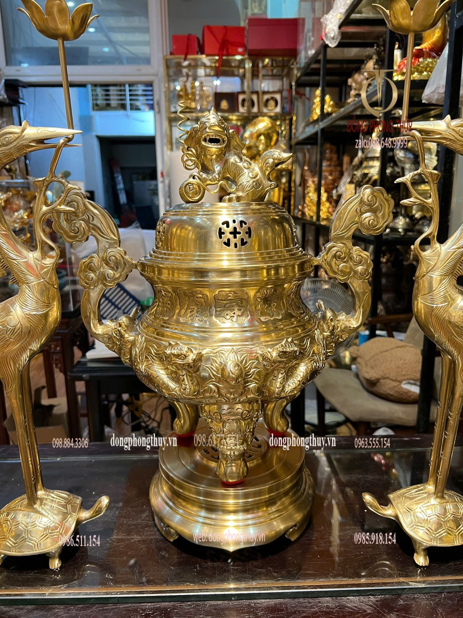 Bộ đỉnh đồng cát tút cao 50cm nặng 27,5kg song long chầu nguyệt