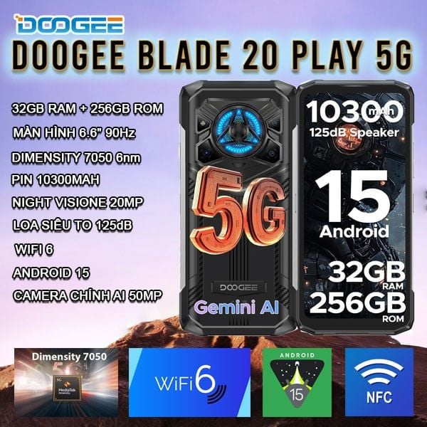 DOOGEE Blade20 Play 5G – Dimensity 7050 | 32GB RAM + 256GB ROM | Màn hình 6.6