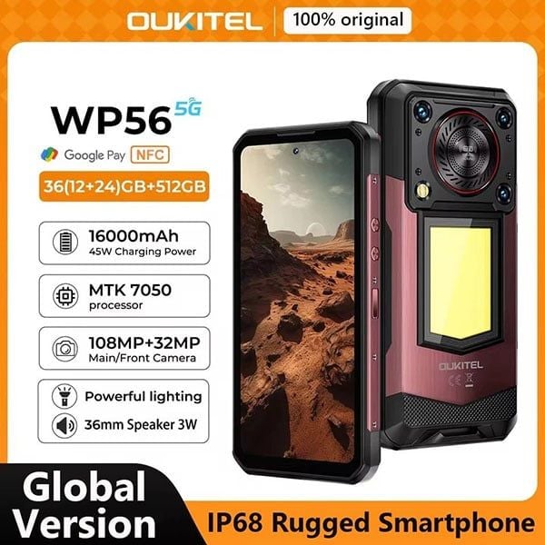 OUKITEL WP56 5G | 36GB (12+24GB) + 512 GB ROM, LED Light, 16000mAh, 120Hz 108MP