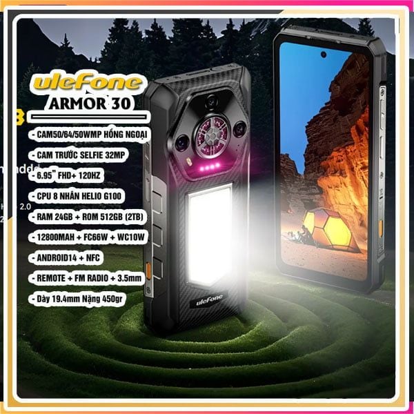 Ulefone Armor 30 (36GB RAM | 512GB ROM | Helio G100 | Pin 12800mAh | Android 15) – Siêu Bền Chuẩn Quân Sự, Camera Hồng Ngoại Đỉnh Cao, Màn Hình 120Hz Cực Đại