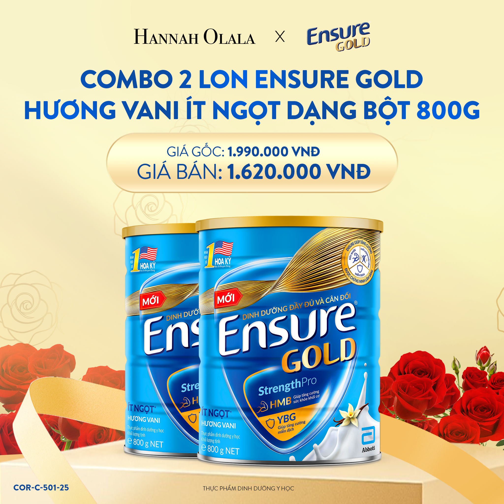 E87_DEAL 2: COMBO 2 LON ENSURE GOLD DẠNG BỘT 800G (VANI + ÍT NGỌT)