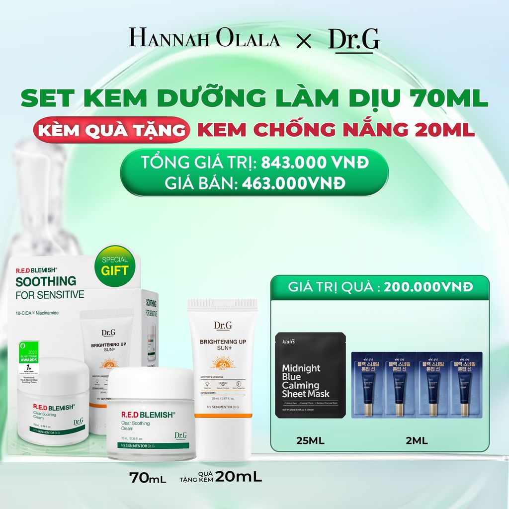 DEAL 1: KEM DƯỠNG ẨM PHỤC HỒI DR.G CLEAR SOOTHING CREAM 70ML TẶNG KÈM 1 KEM CHỐNG NẮNG BRIGHTENING UP SUN+ 20ML