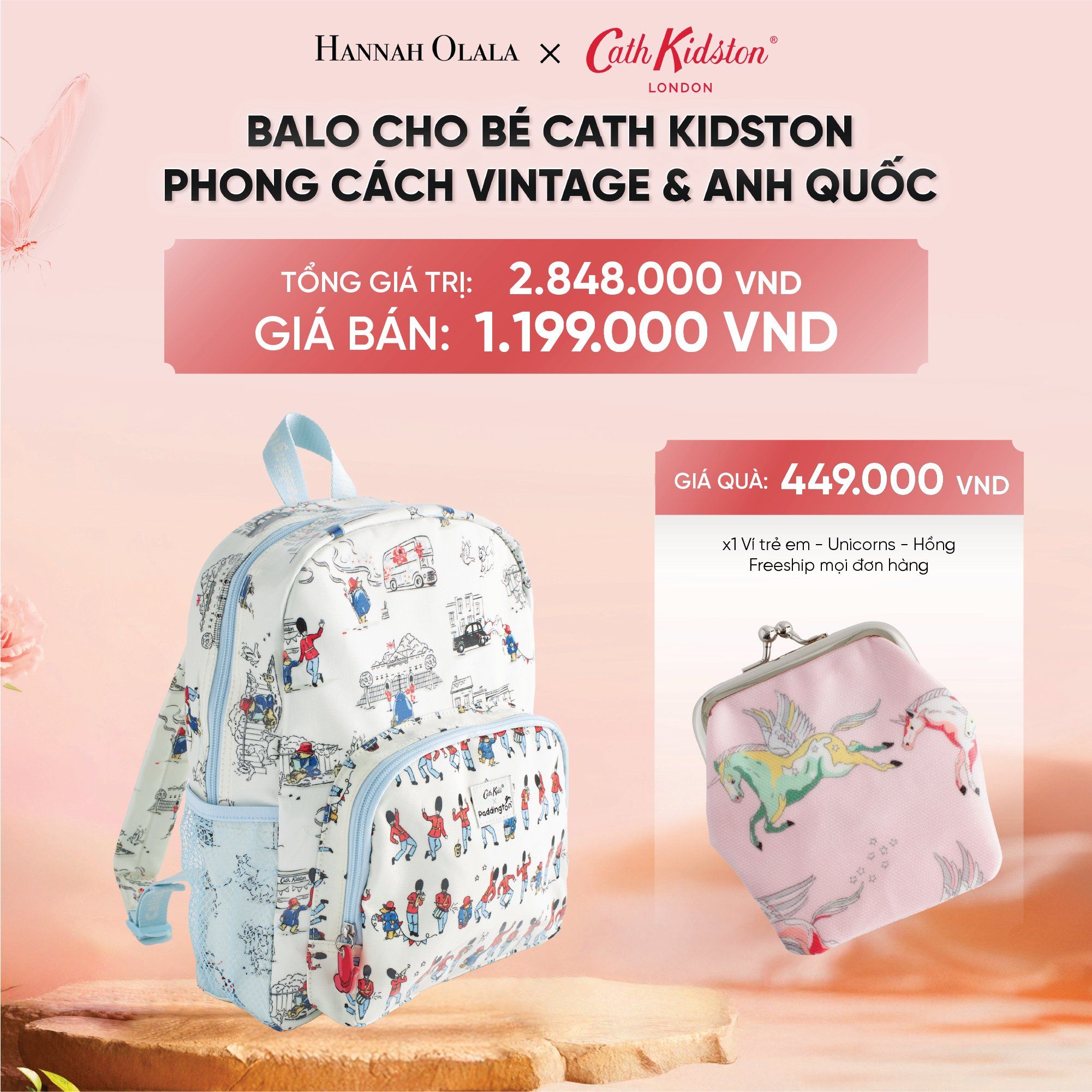 DEAL 1: BALO CHO BÉ ĐI HỌC CATH KIDSTON - BALO COTTON PHỦ LỚP PVC CHỐNG THẤM NƯỚC PHONG CÁCH ANH QUỐC
