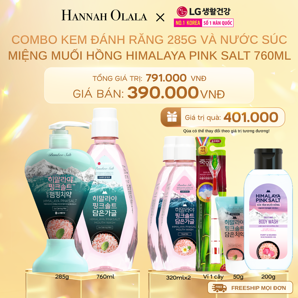 DEAL10: COMBO KEM ĐÁNH RĂNG 285G VÀ NƯỚC SÚC MIỆNG MUỐI HỒNG HIMALAYA PINK SALT 760ML