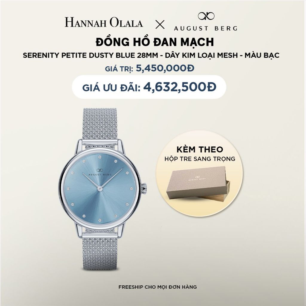 DEAL 11: ĐỒNG HỒ ĐAN MẠCH AUGUST BERG PETITE - MẶT DUSTY BLUE 28MM, DÂY MESH MÀU BẠC