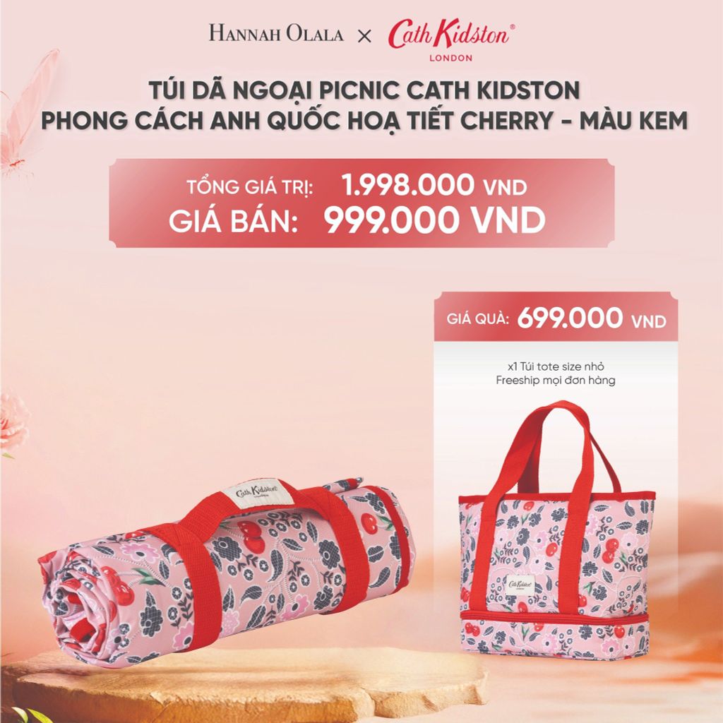 DEAL 13: TÚI DÃ NGOẠI PICNIC CATH KIDSTON PHONG CÁCH ANH QUỐC HOẠ TIẾT CHERRY - MÀU KEM