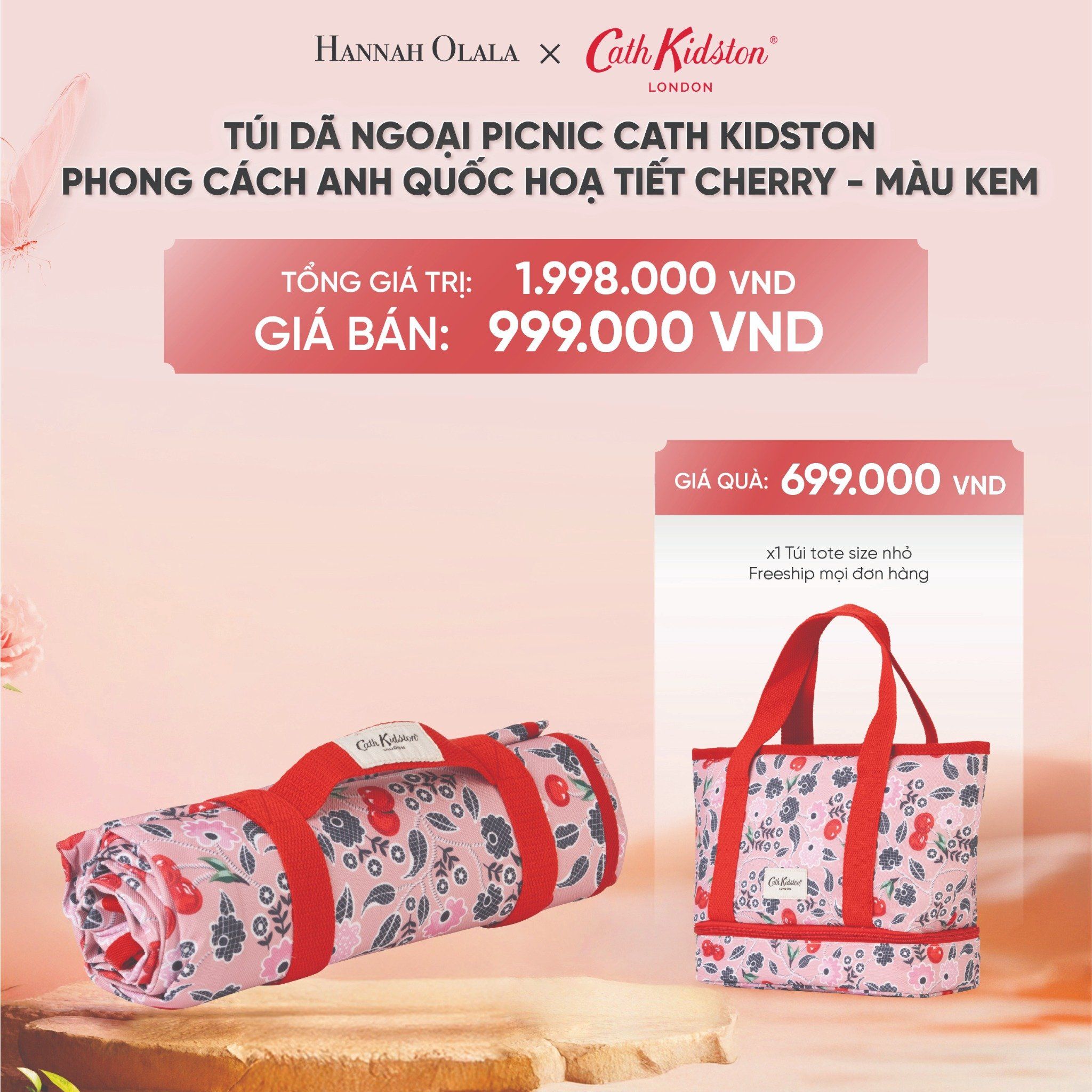 DEAL 13: TÚI DÃ NGOẠI PICNIC CATH KIDSTON PHONG CÁCH ANH QUỐC HOẠ TIẾT CHERRY - MÀU KEM