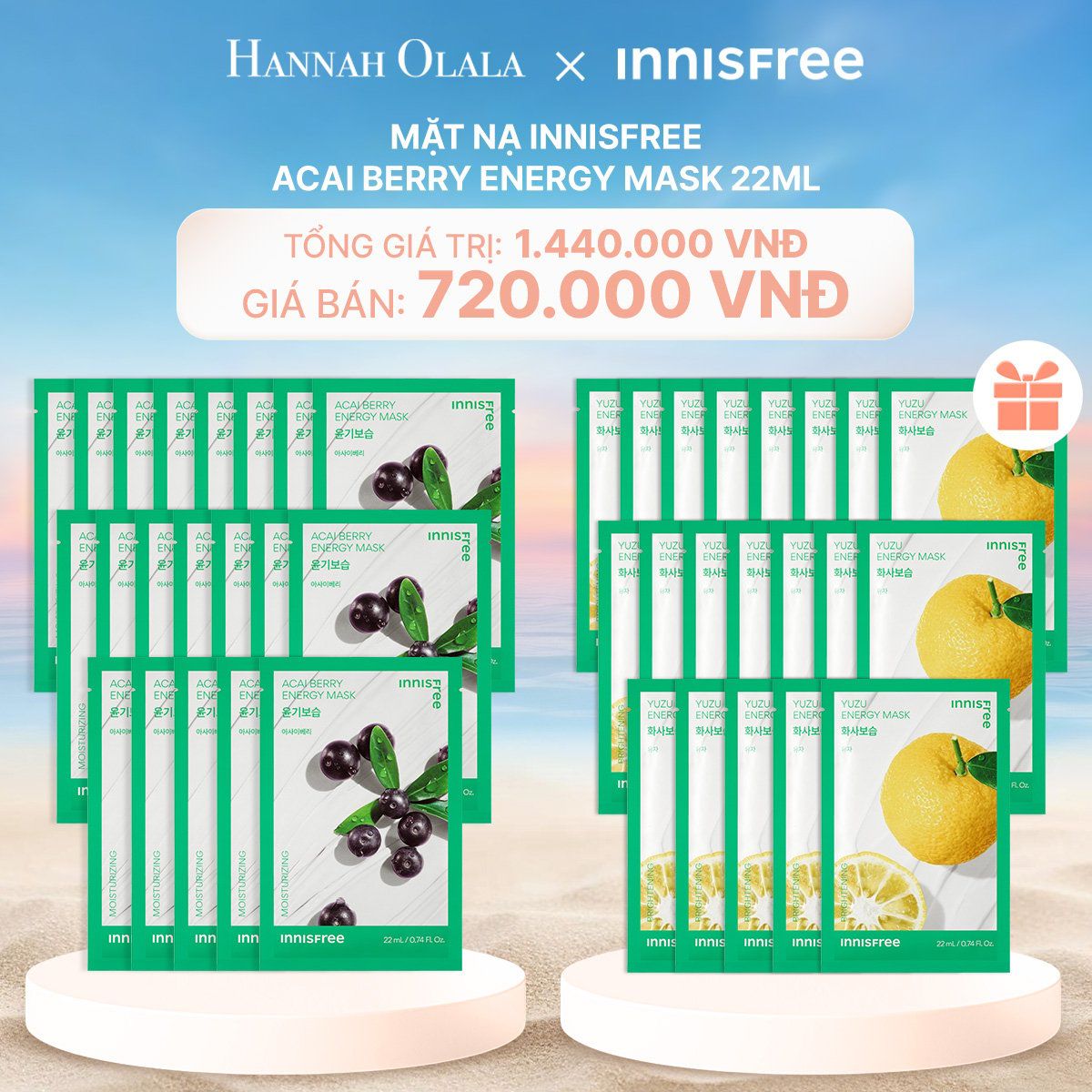 C112_DEAL 12: MUA 20 MẶT NẠ INNISFREE ACAI BERRY ENERGY MASK 22ML TẶNG 20 MẶT NẠ YUZU ENERGY (TỔNG 40 MIẾNG)
