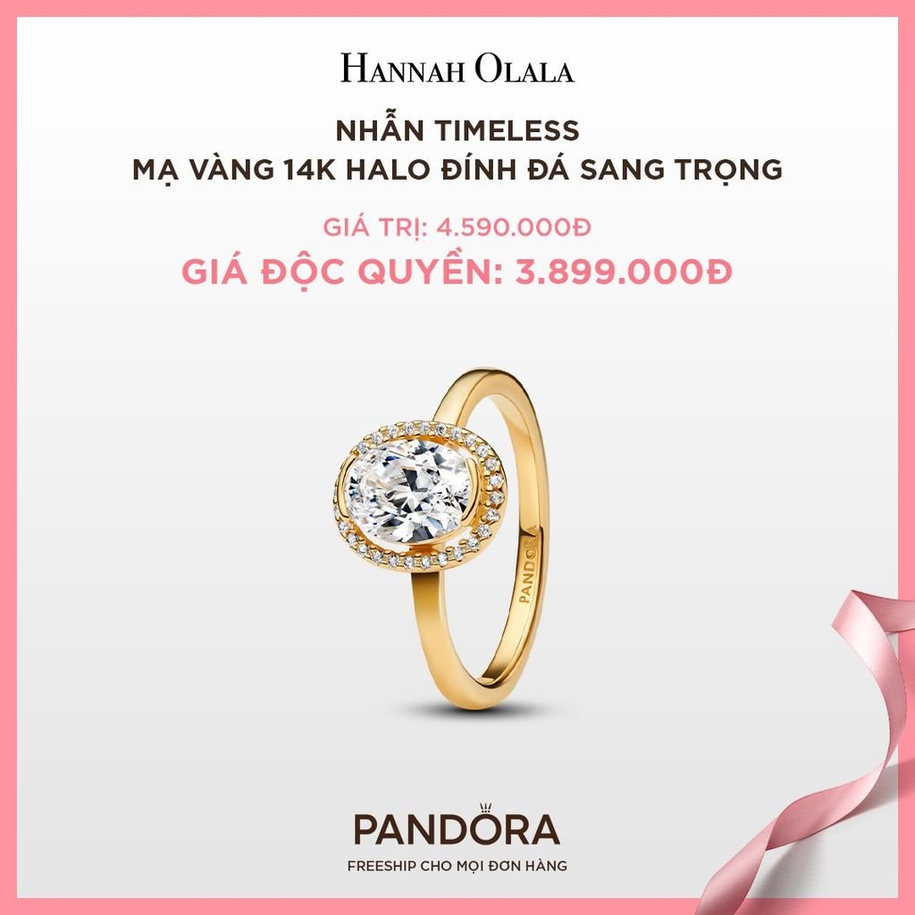 A42_DEAL 35: NHẪN PANDORA TIMELESS MẠ VÀNG 14K HALO ĐÍNH ĐÁ SANG TRỌNG