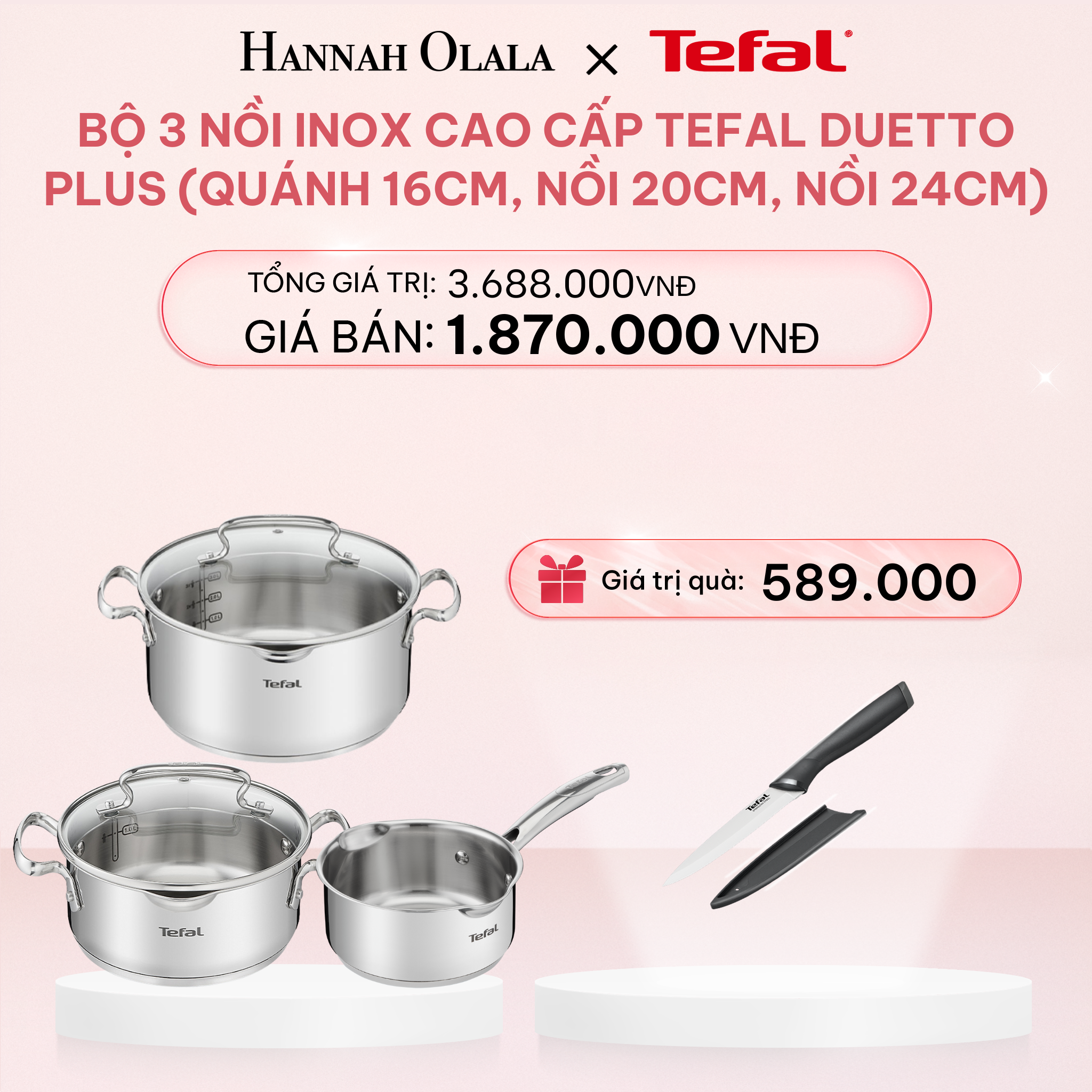 E82_DEAL 09: BỘ 3 NỒI INOX CAO CẤP TEFAL DUETTO PLUS (QUÁNH 16CM, NỒI 20CM, NỒI 24CM)