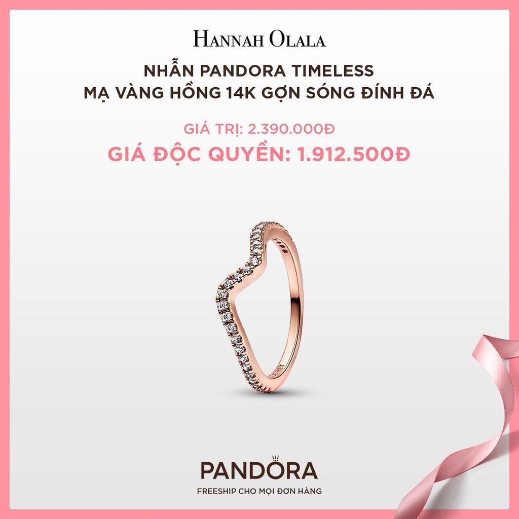 A313_DEAL 154: NHẪN PANDORA TIMELESS MẠ VÀNG HỒNG 14K GỢN SÓNG ĐÍNH ĐÁ