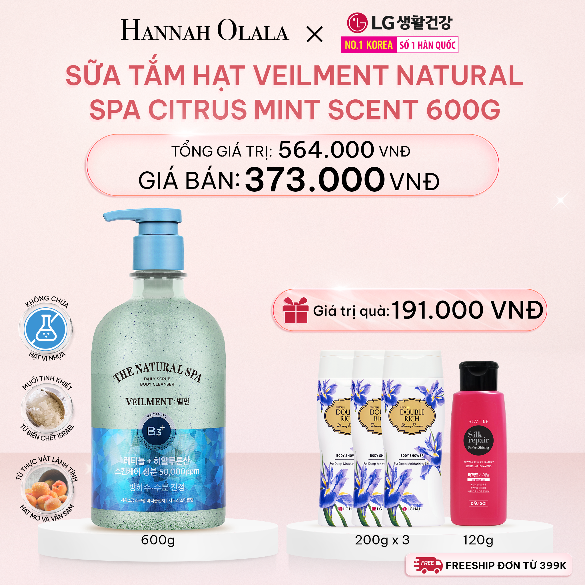 E410_DEAL 03: SỮA TẮM HẠT ON THE BODY VELLMENT NATURAL SPA CITRUS MINT SCENT 600G