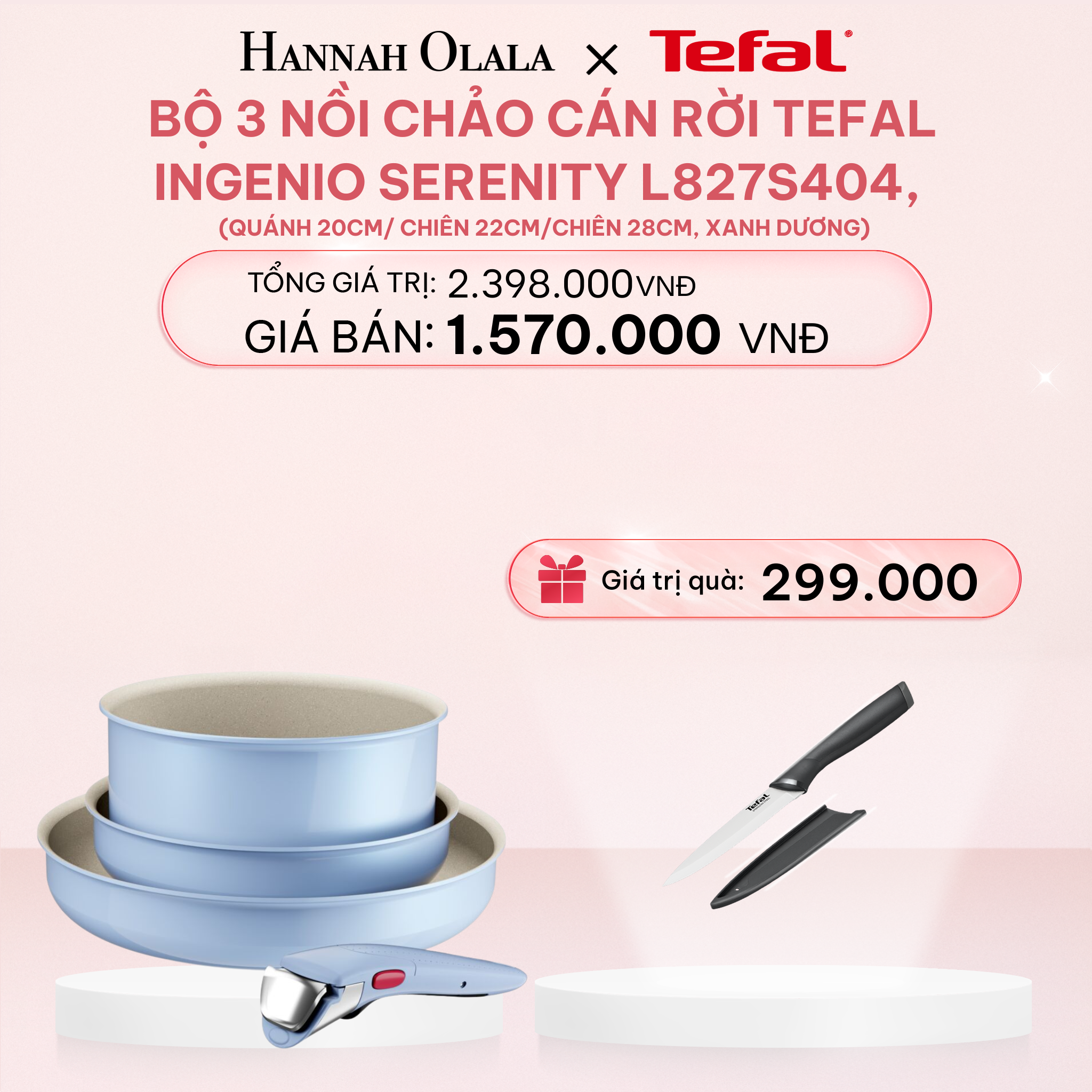 E84_DEAL 10.2: BỘ 3 NỒI CHẢO CÁN RỜI TEFAL INGENIO SERENITY L827S404, QUÁNH 20CM/ CHIÊN 22CM/CHIÊN 28CM