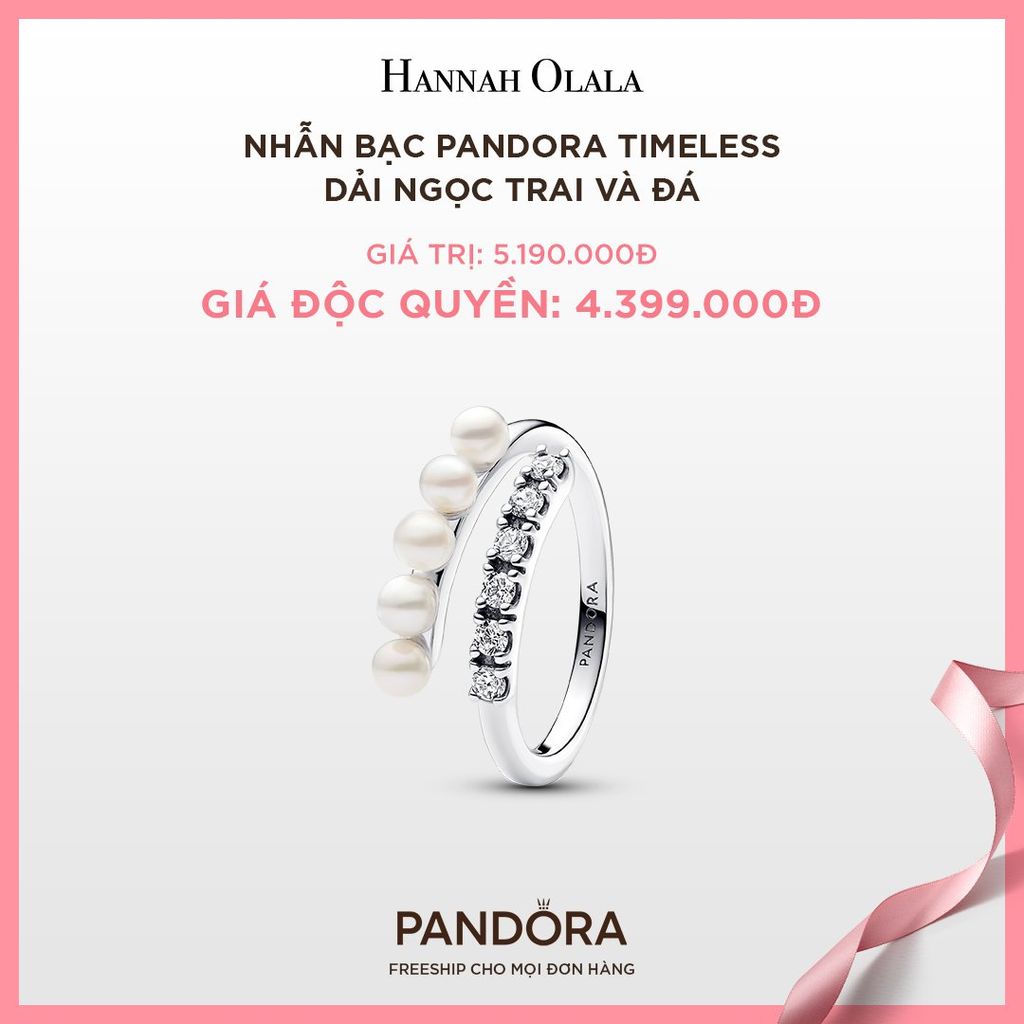 A43_DEAL 36: NHẪN BẠC PANDORA TIMELESS DẢI NGỌC TRAI VÀ ĐÁ