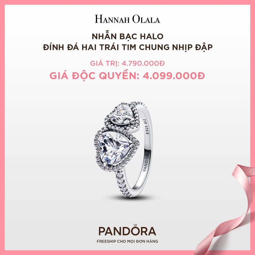 A49_DEAL 42: NHẪN BẠC PANDORA HALO ĐÍNH ĐÁ HAI TRÁI TIM CHUNG NHỊP ĐẬP