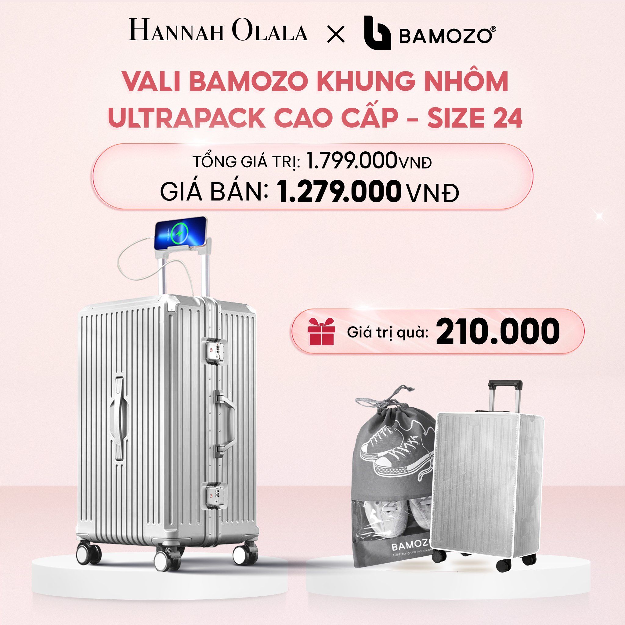 E52_DEAL 4: VALI BAMOZO KHUNG NHÔM ULTRAPACK CAO CẤP (TẶNG BỌC VALI CC TRONG SUỐT + TÚI ĐỰNG GIÀY)