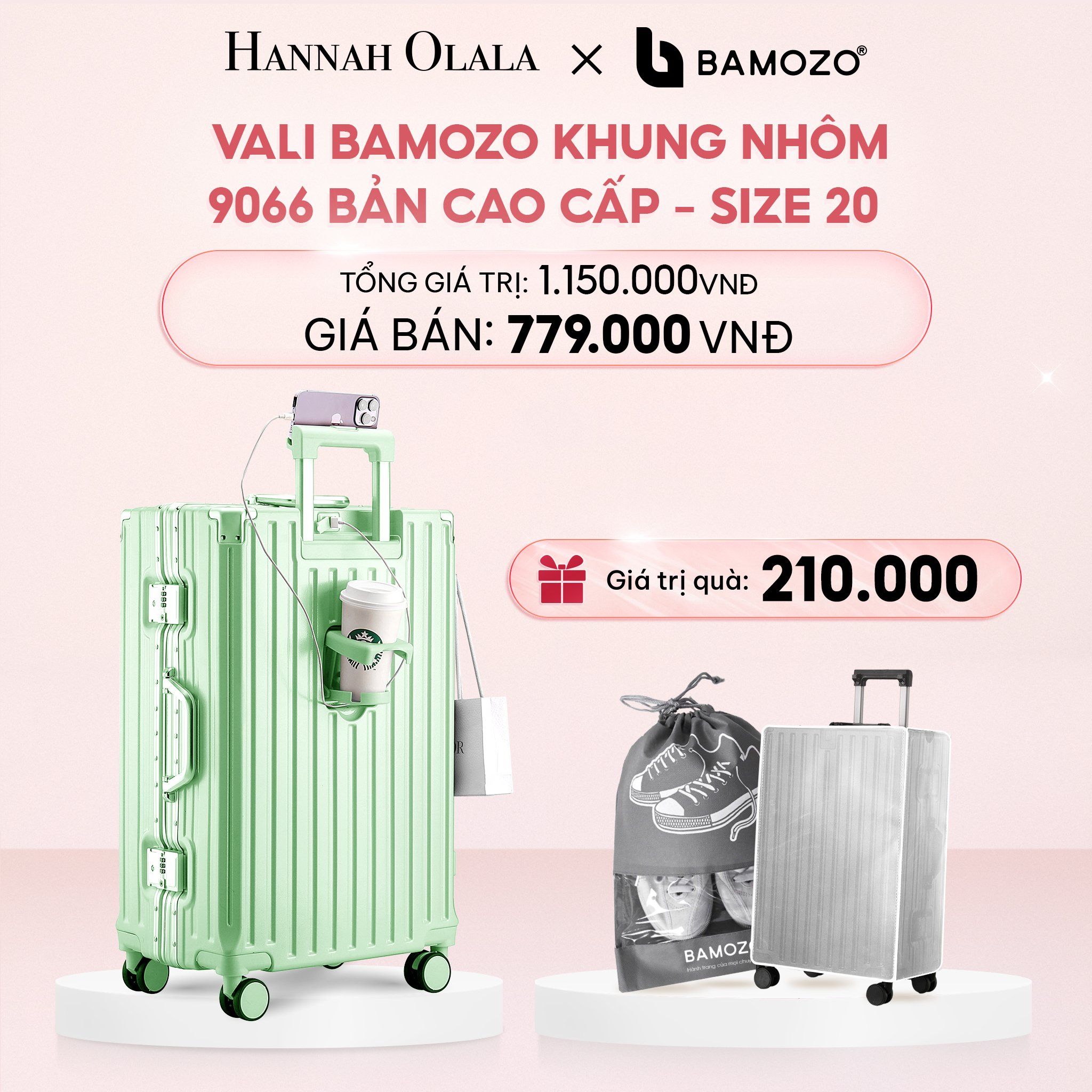 E4_DEAL 1: VALI BAMOZO KHUNG NHÔM 9066 BẢN CAO CẤP (TẶNG BỌC VALI CC TRONG SUỐT + TÚI ĐỰNG GIÀY)
