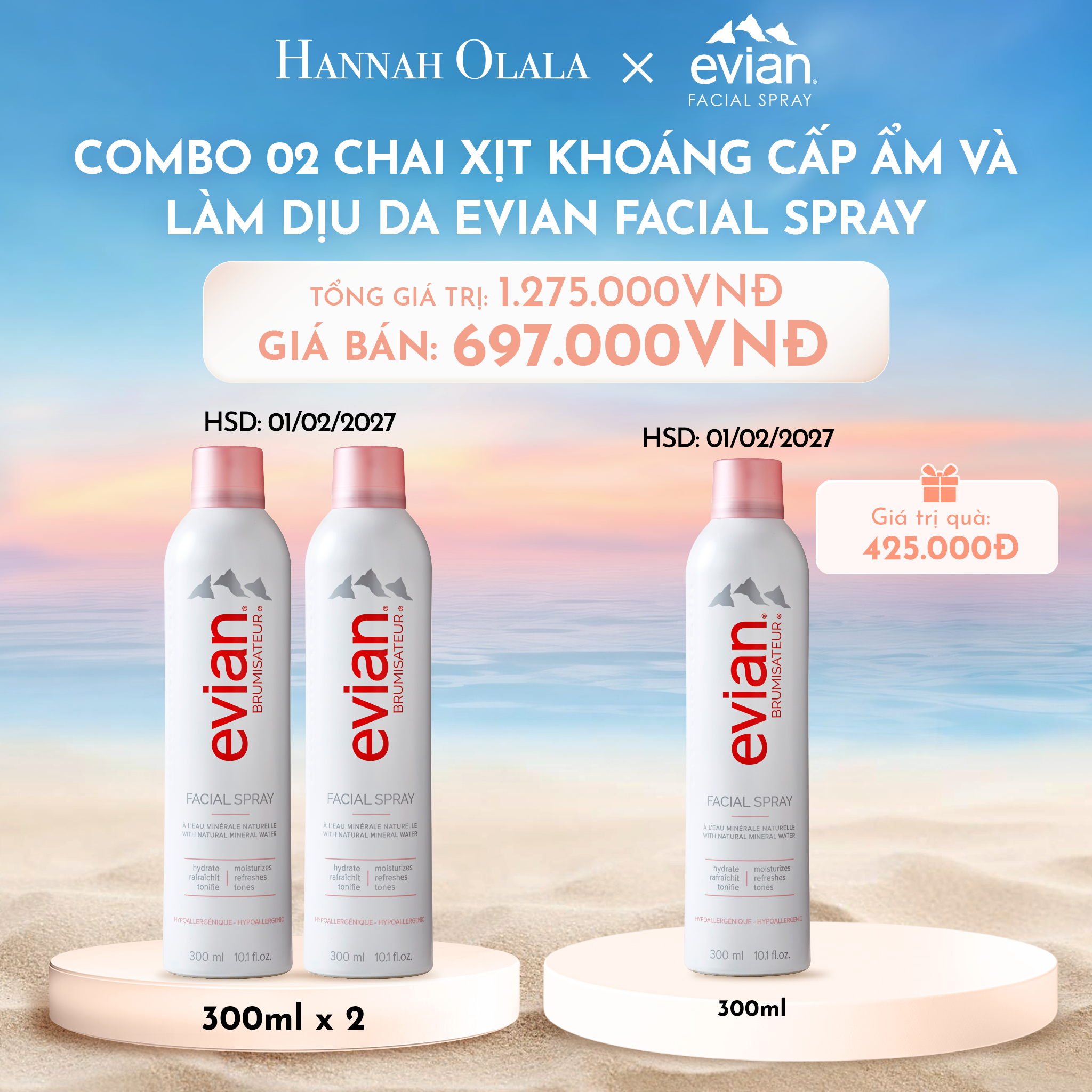 C645_DEAL 1: COMBO 2 CHAI XỊT KHOÁNG CẤP ẨM, LÀM DỊU DA EVIAN FACIAL SPRAY 300ML (HSD 01/02/2027)
