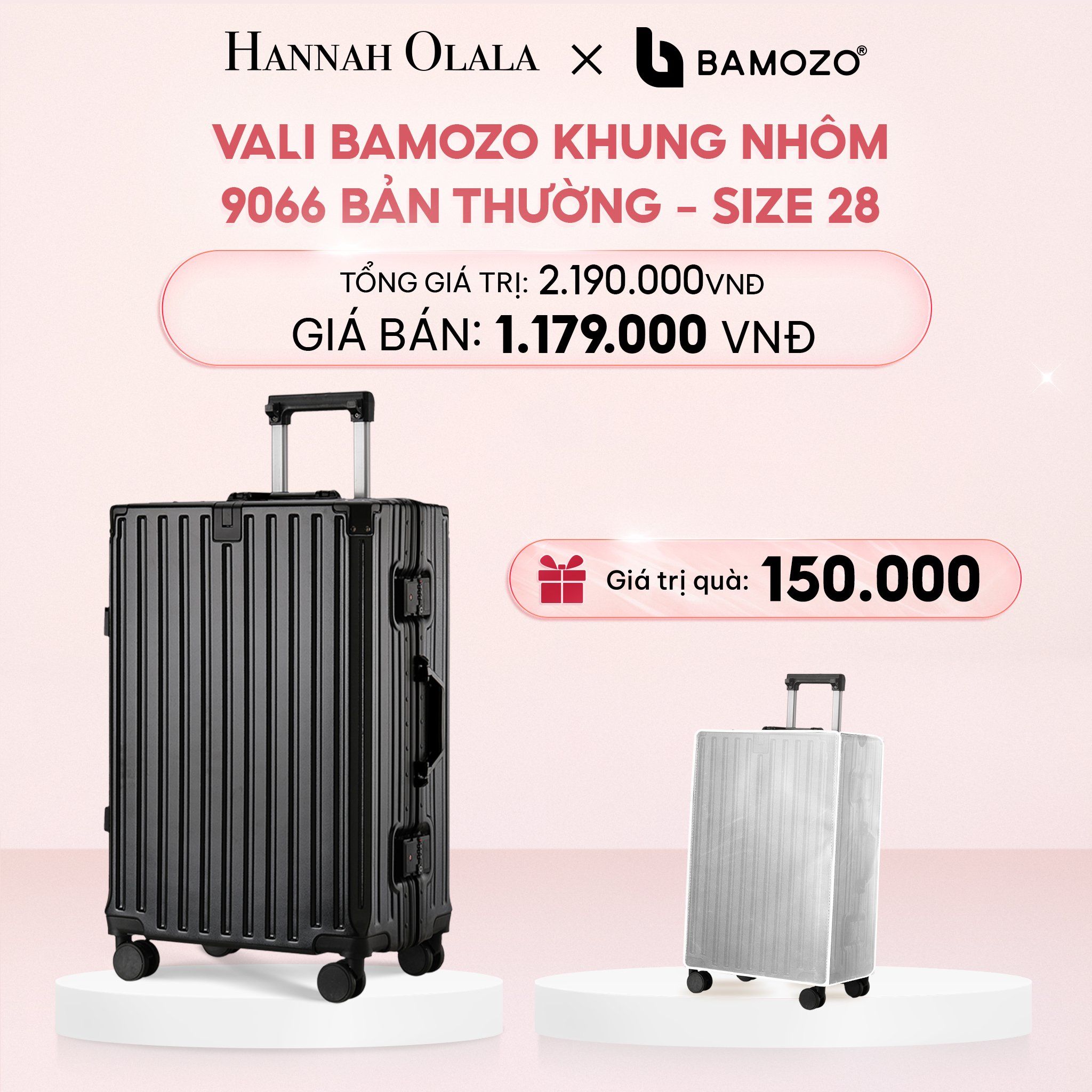 E22_DEAL 2: VALI BAMOZO KHUNG NHÔM 9066 BẢN THƯỜNG (TẶNG BỌC VALI TRONG SUỐT)