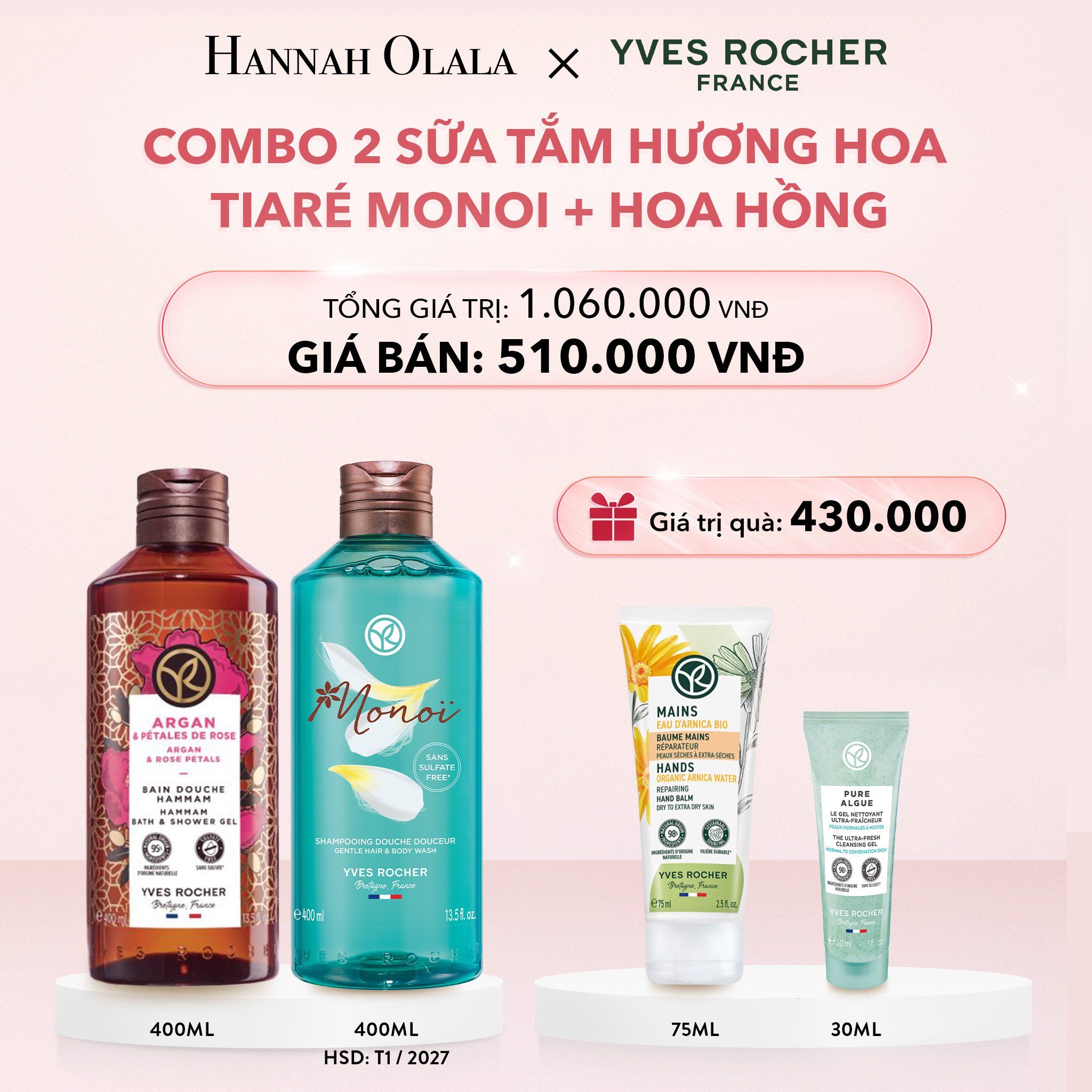 E830_DEAL 1: COMBO 2 SỮA TẮM HƯƠNG HOA TIARÉ MONOI + HOA HỒNG