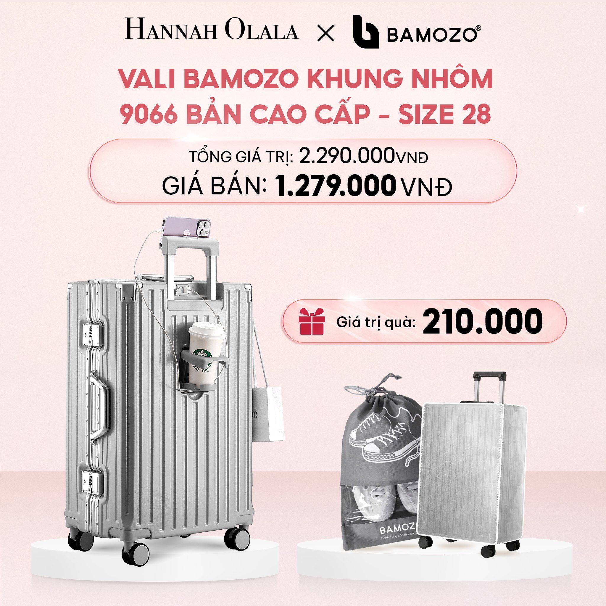 E4_DEAL 1: VALI BAMOZO KHUNG NHÔM 9066 BẢN CAO CẤP (TẶNG BỌC VALI CC TRONG SUỐT + TÚI ĐỰNG GIÀY)