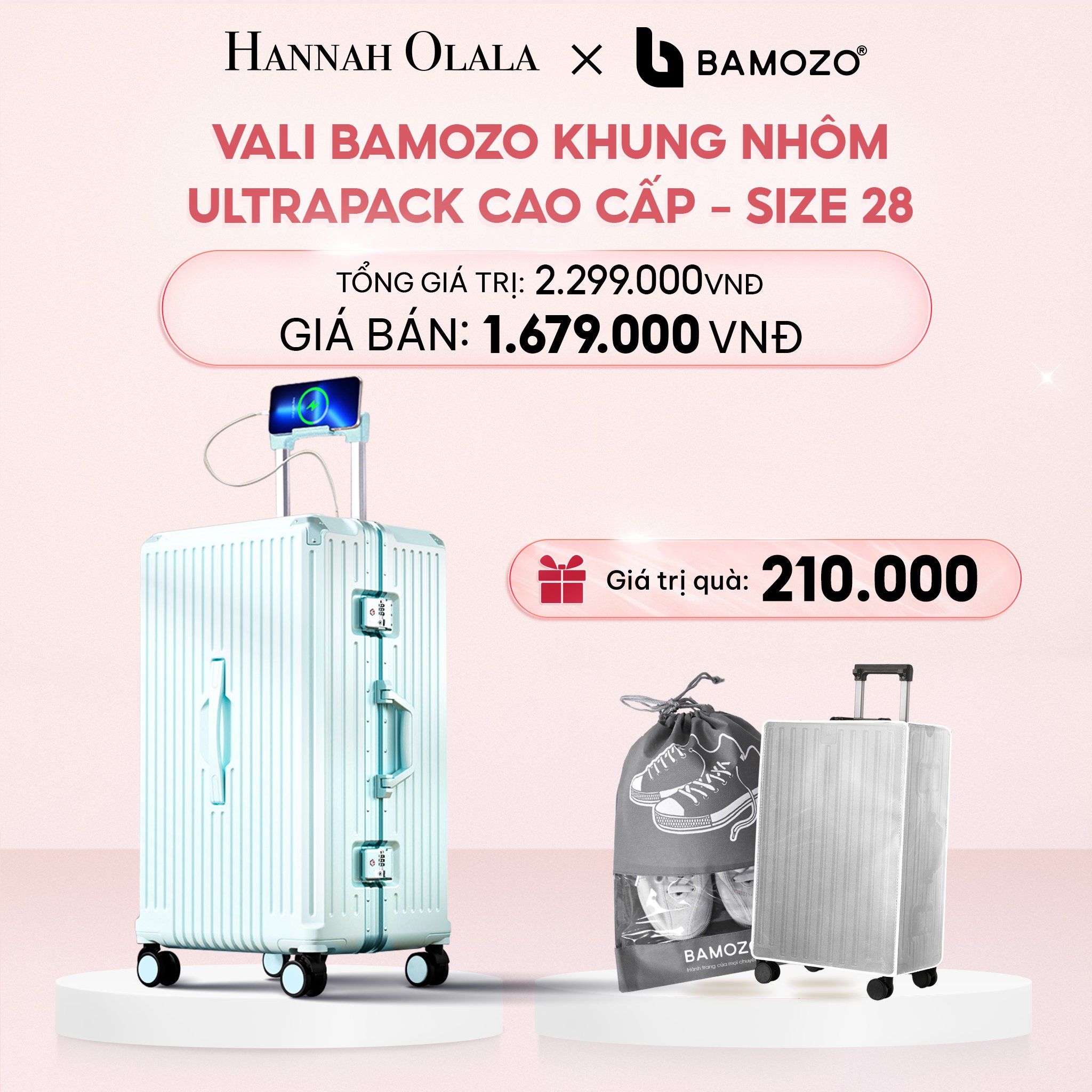 E52_DEAL 4: VALI BAMOZO KHUNG NHÔM ULTRAPACK CAO CẤP (TẶNG BỌC VALI CC TRONG SUỐT + TÚI ĐỰNG GIÀY)