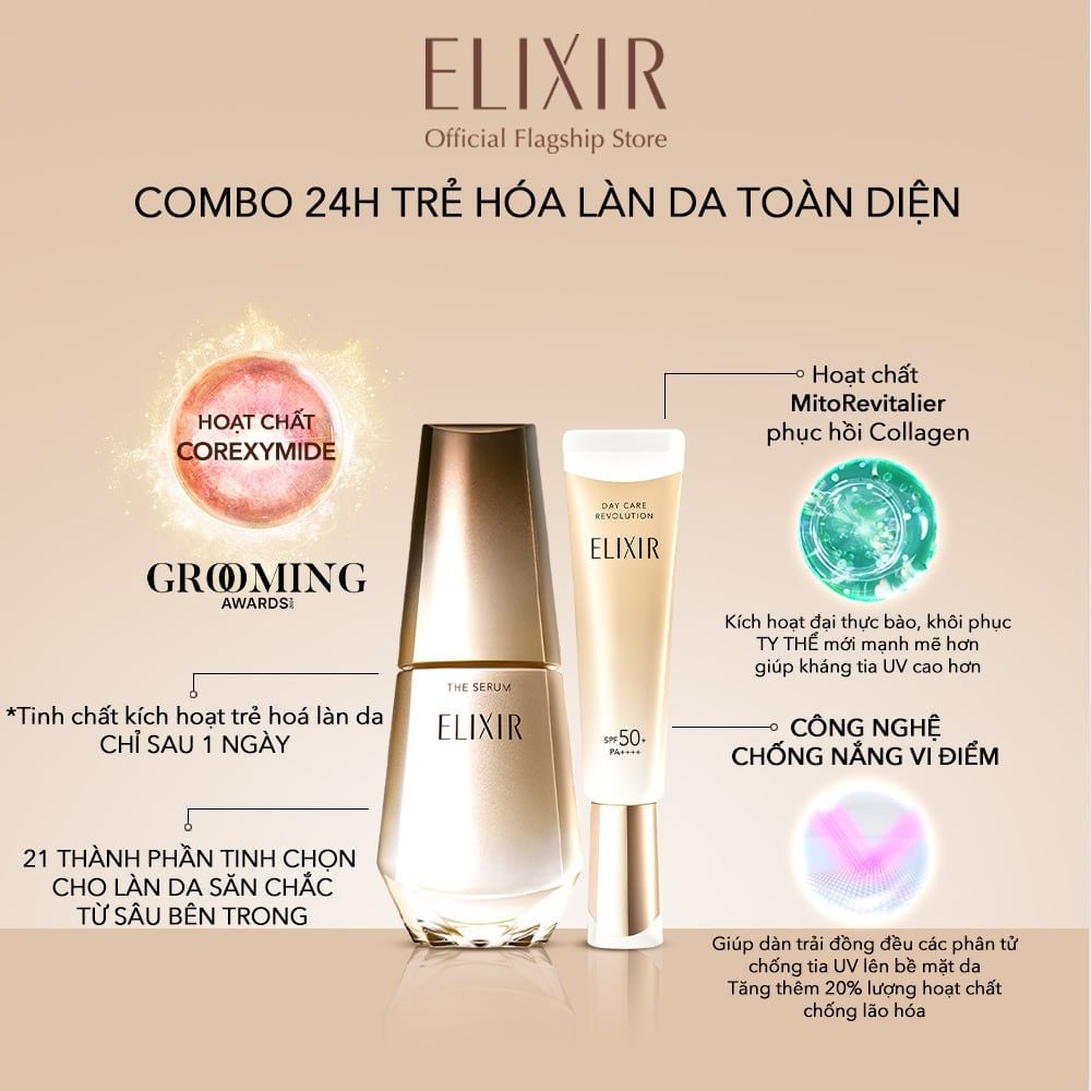 DEAL 5: COMBO SERUM KÍCH HOẠT TRẺ HÓA LÀN DA EIS THE SERUM AA 50ML & SỮA CHỐNG NẮNG PHỤC HỒI COLLAGEN TỪ CẤP ĐỘ TẾ BÀO ELIXIR DAY CARE REVOLUTION SPF50+ 35ML