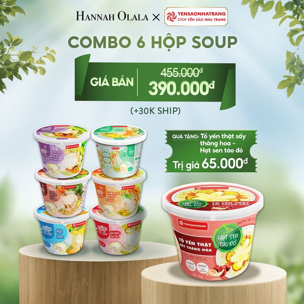 T39_DEAL 01: COMBO 6 HỘP SOUP : GÀ HẦM TÁO ĐỎ + HẢI SẢN + TÔM CUA, BÔNG CẢI, BÓ XÔI, YẾN MẠCH + CÁ HỒI, BÍ ĐỎ, BÔNG CẢI, BÓ XÔI, YẾN MẠCH + BÒ BẰM, KHOAI TÂY, CÀ RỐT, YẾN MẠCH + NẤM RAU CỦ