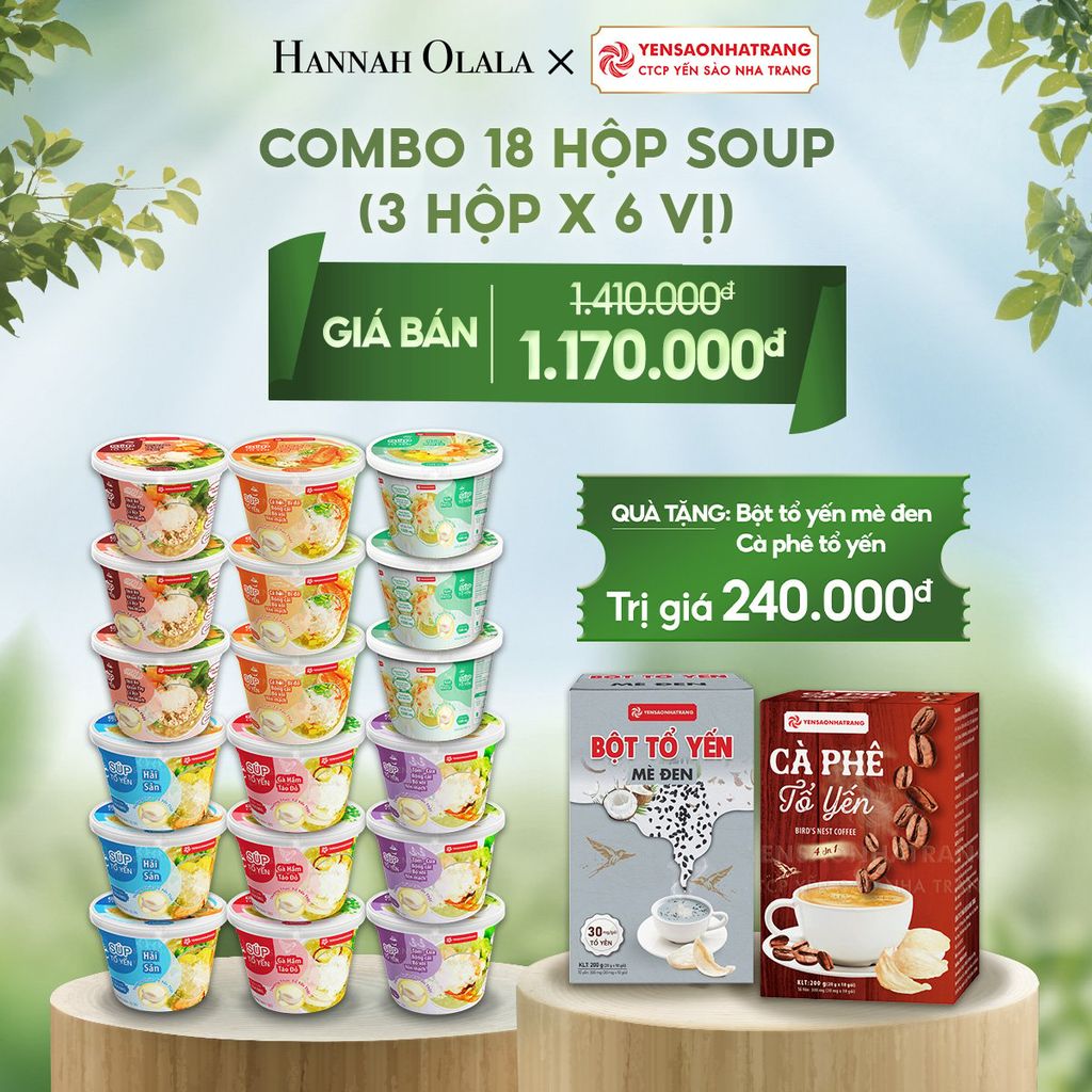 T41_DEAL 02: COMBO 18 HỘP SOUP (3 HỘP X 6 VỊ) GÀ HẦM TÁO ĐỎ + HẢI SẢN + TÔM CUA, BÔNG CẢI, BÓ XÔI, YẾN MẠCH + CÁ HỒI, BÍ ĐỎ, BÔNG CẢI, BÓ XÔI, YẾN MẠCH + BÒ BẰM, KHOAI TÂY, CÀ RỐT, YẾN MẠCH + NẤM RAU CỦ