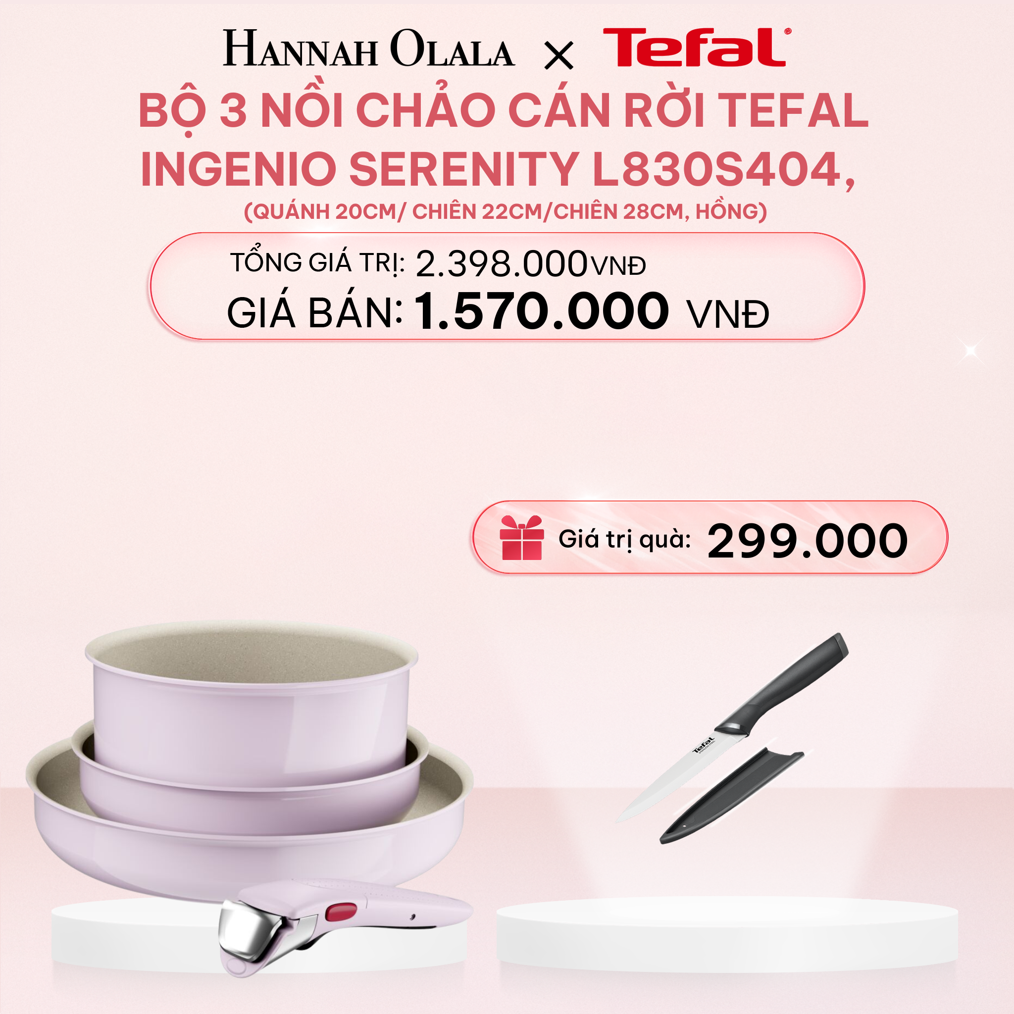 E84_DEAL 10.2: BỘ 3 NỒI CHẢO CÁN RỜI TEFAL INGENIO SERENITY L827S404, QUÁNH 20CM/ CHIÊN 22CM/CHIÊN 28CM