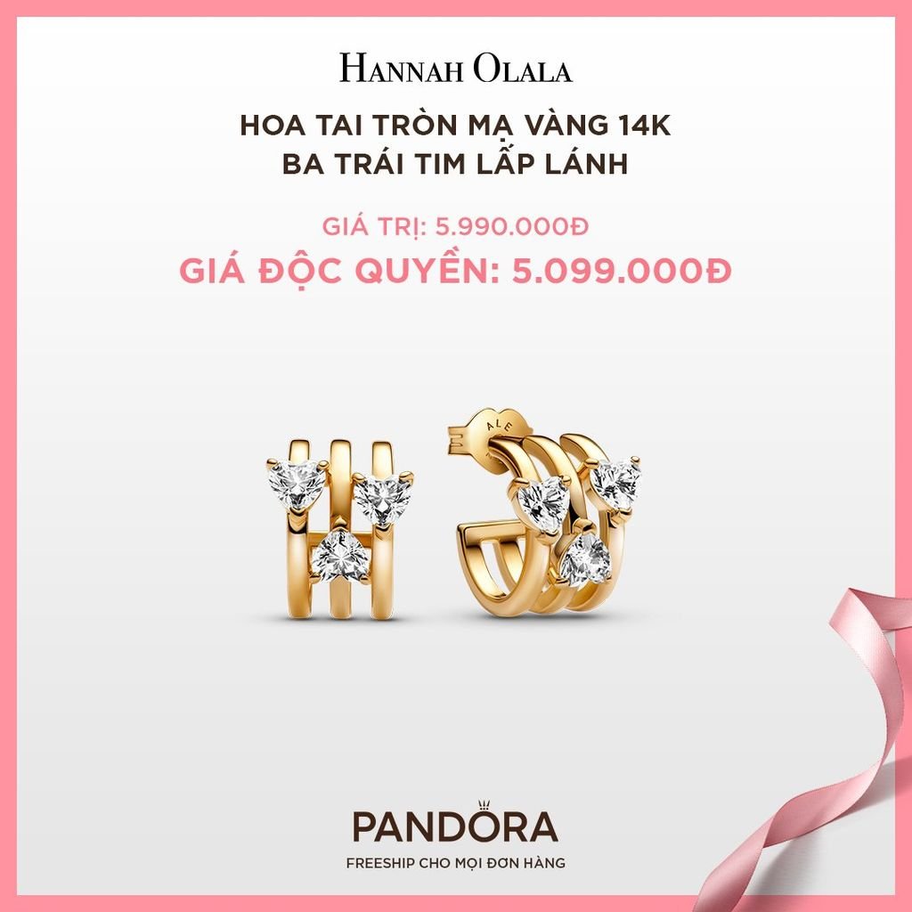 A52_DEAL 45: BÔNG TAI PANDORA TRÒN MẠ VÀNG 14K BA TRÁI TIM LẤP LÁNH