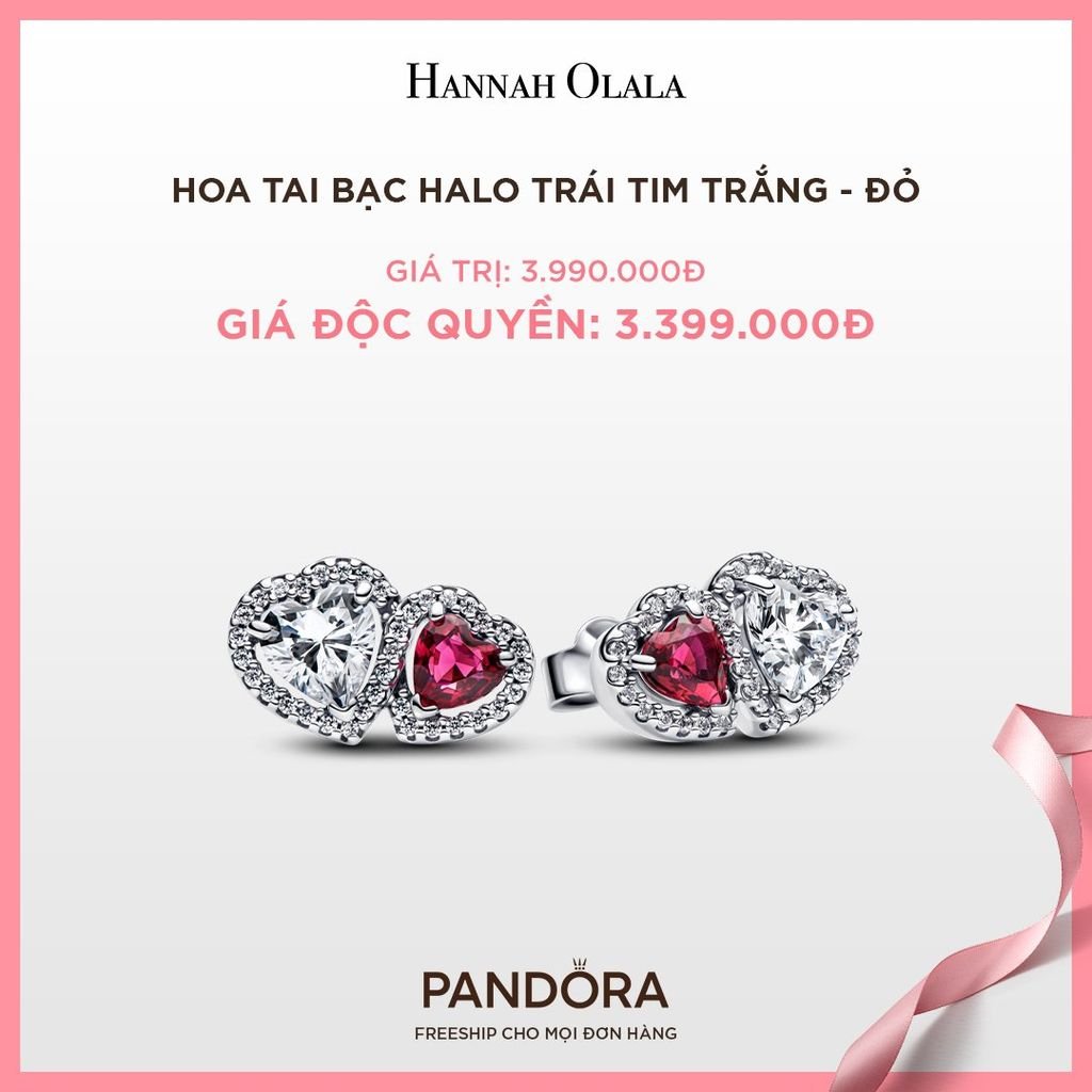 A59_DEAL 52: BÔNG TAI PANDORA BẠC HALO TRÁI TIM TRẮNG - ĐỎ