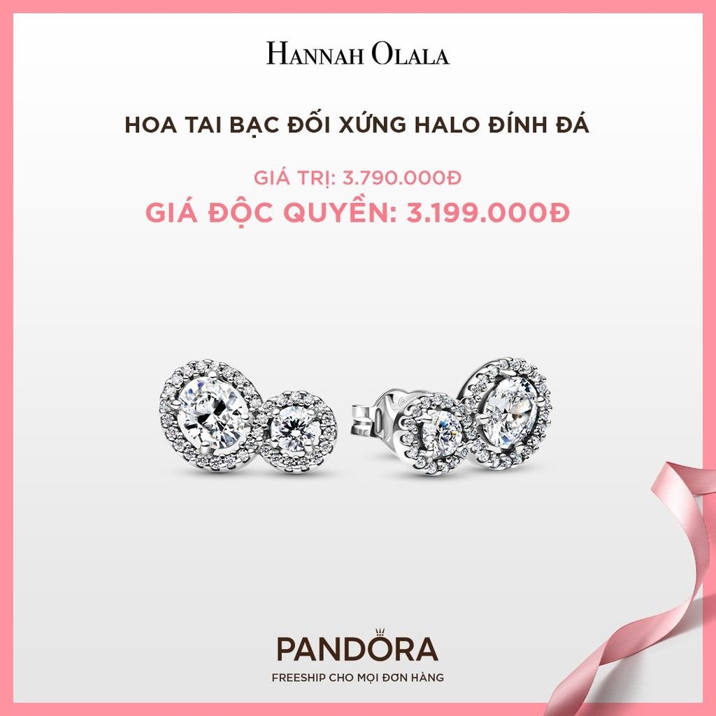 A61_DEAL 54: BÔNG TAI PANDORA BẠC ĐỐI XỨNG HALO ĐÍNH ĐÁ