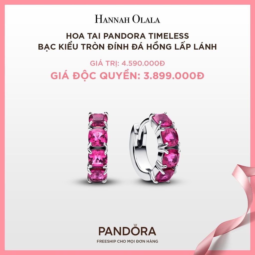 A63_DEAL 56: BÔNG TAI PANDORA TIMELESS BẠC KIỂU TRÒN ĐÍNH ĐÁ HỒNG LẤP LÁNH