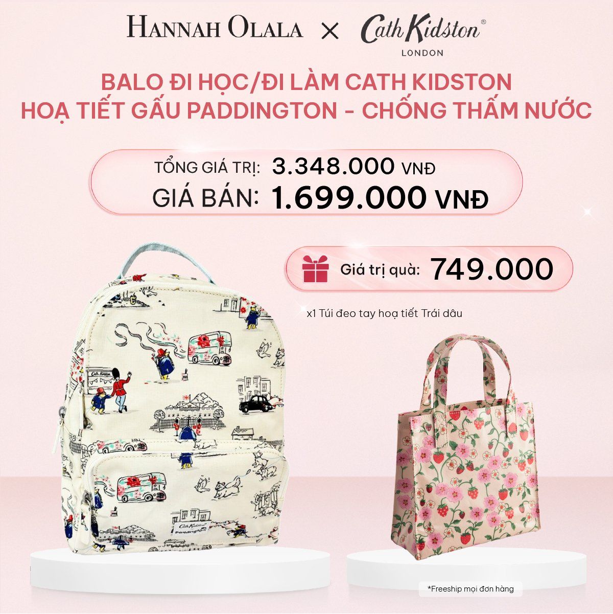 E345_DEAL 2: BALO ĐI HỌC/ĐI LÀM CATH KIDSTON HOẠ TIẾT GẤU PADDINGTON PHỦ PVC CHỐNG THẤM NƯỚC