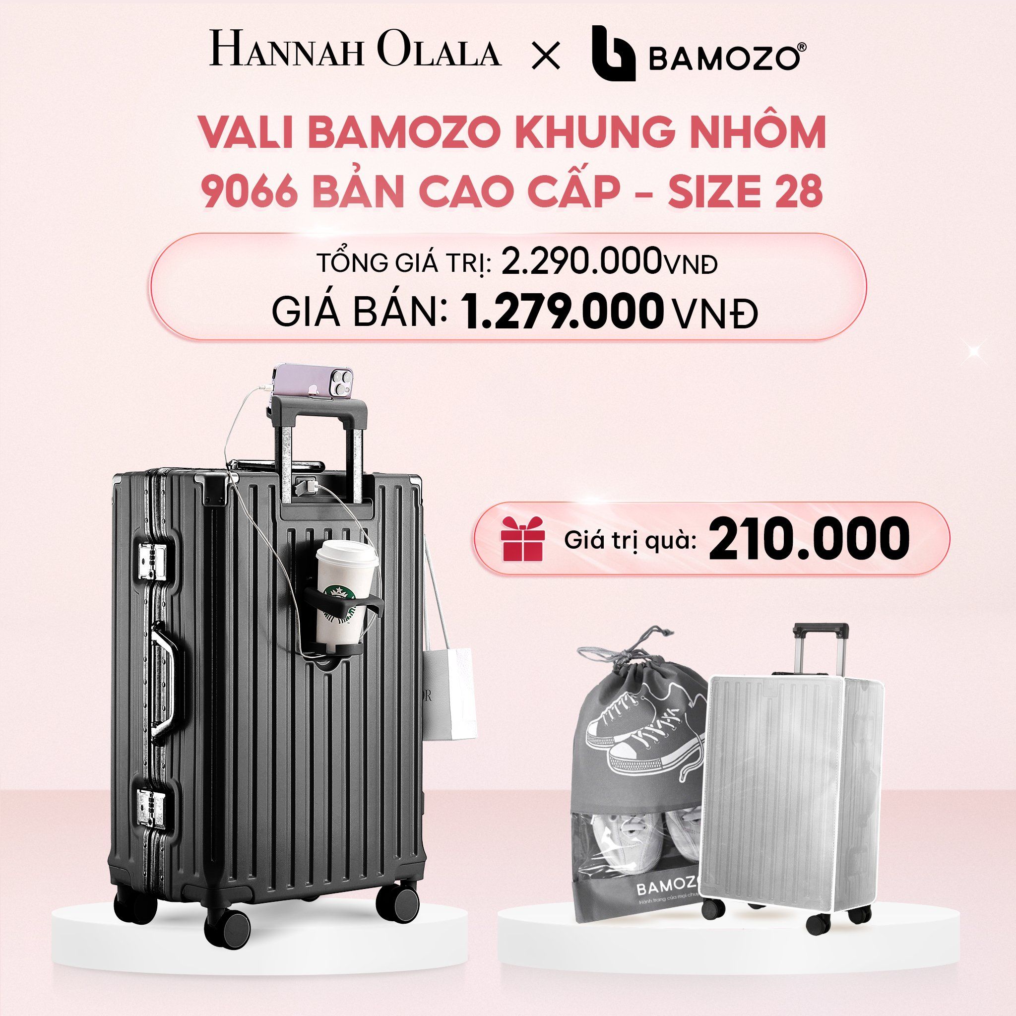 E4_DEAL 1: VALI BAMOZO KHUNG NHÔM 9066 BẢN CAO CẤP (TẶNG BỌC VALI CC TRONG SUỐT + TÚI ĐỰNG GIÀY)