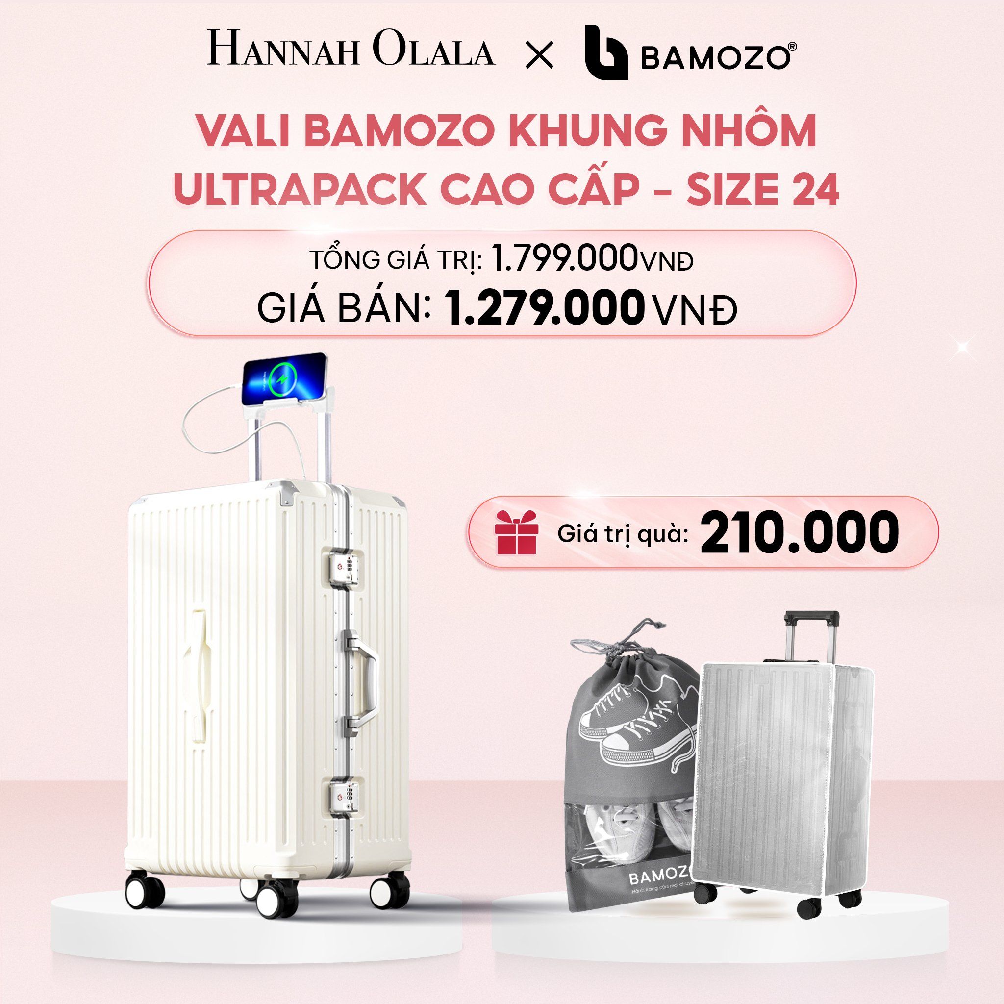 E52_DEAL 4: VALI BAMOZO KHUNG NHÔM ULTRAPACK CAO CẤP (TẶNG BỌC VALI CC TRONG SUỐT + TÚI ĐỰNG GIÀY)
