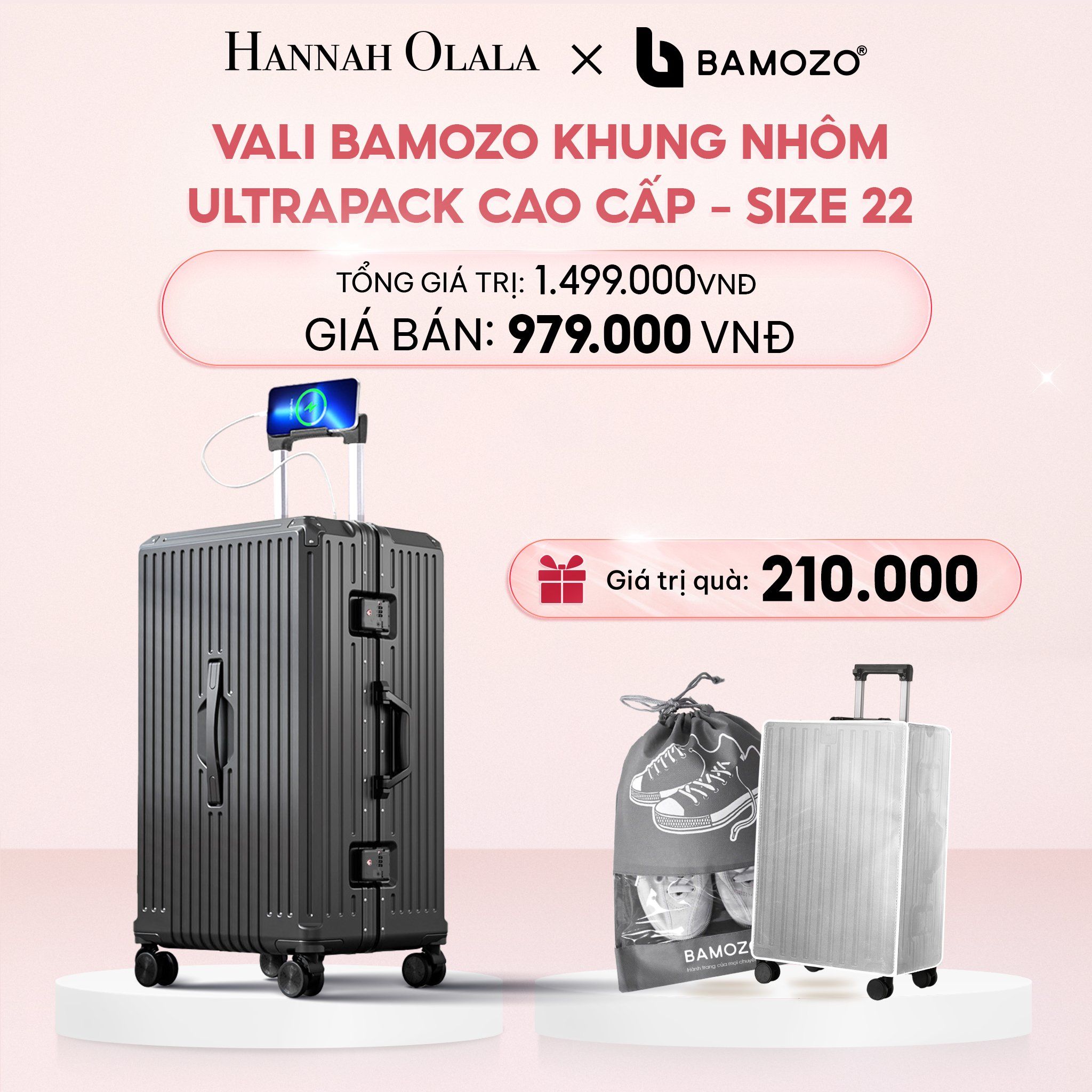 E52_DEAL 4: VALI BAMOZO KHUNG NHÔM ULTRAPACK CAO CẤP (TẶNG BỌC VALI CC TRONG SUỐT + TÚI ĐỰNG GIÀY)