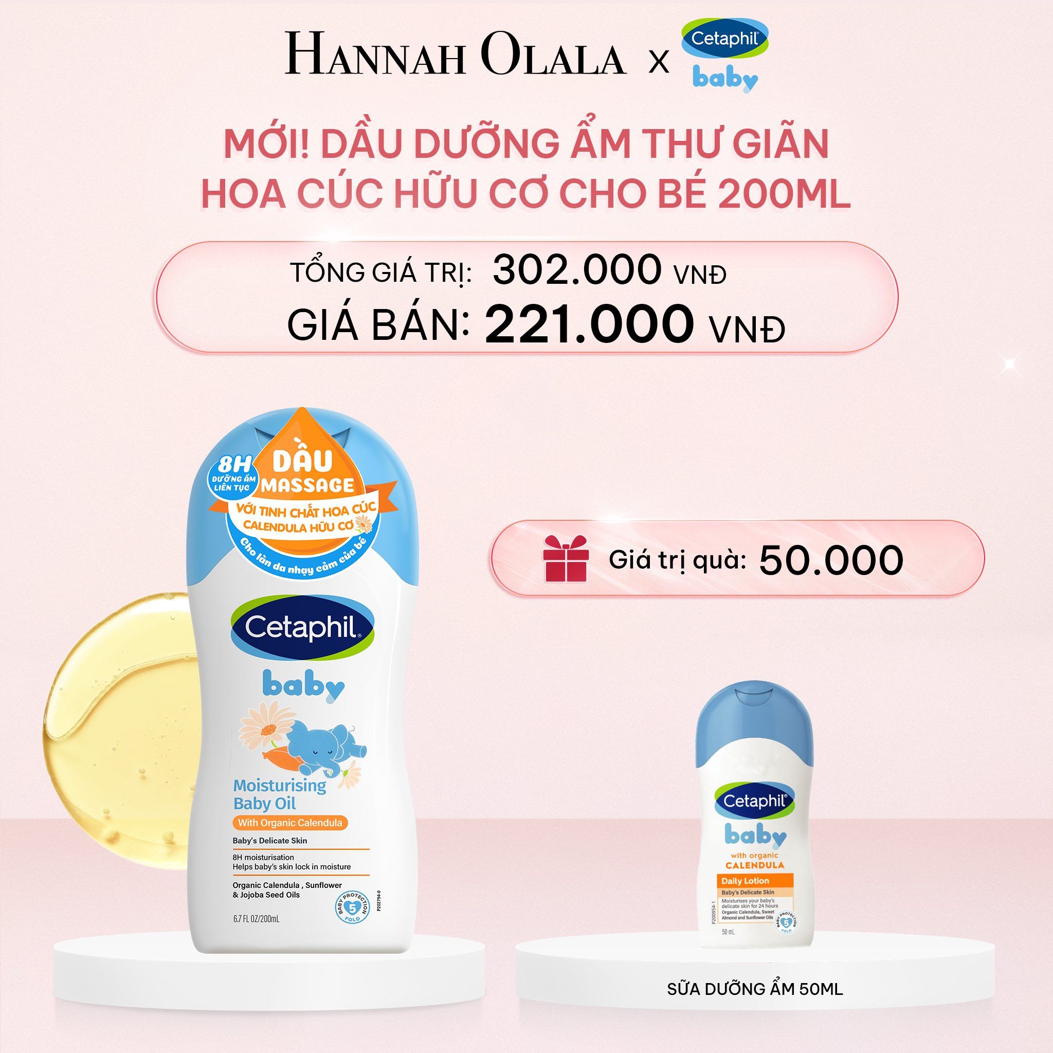 E441_DEAL 17: DẦU MASSAGE DƯỠNG ẨM LÀM DỊU DA BÉ VỚI HOA CÚC CALENDULA HỮU CƠ CETAPHIL BABY MOISTURISING BABY OIL WITH ORGANIC CALENDULA 200ML