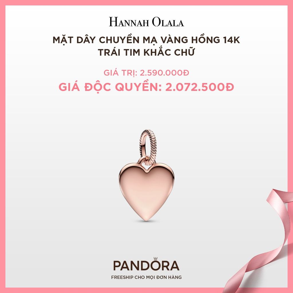 A315_DEAL 156: MẶT DÂY CHUYỀN PANDORA MẠ VÀNG HỒNG 14K TRÁI TIM KHẮC CHỮ