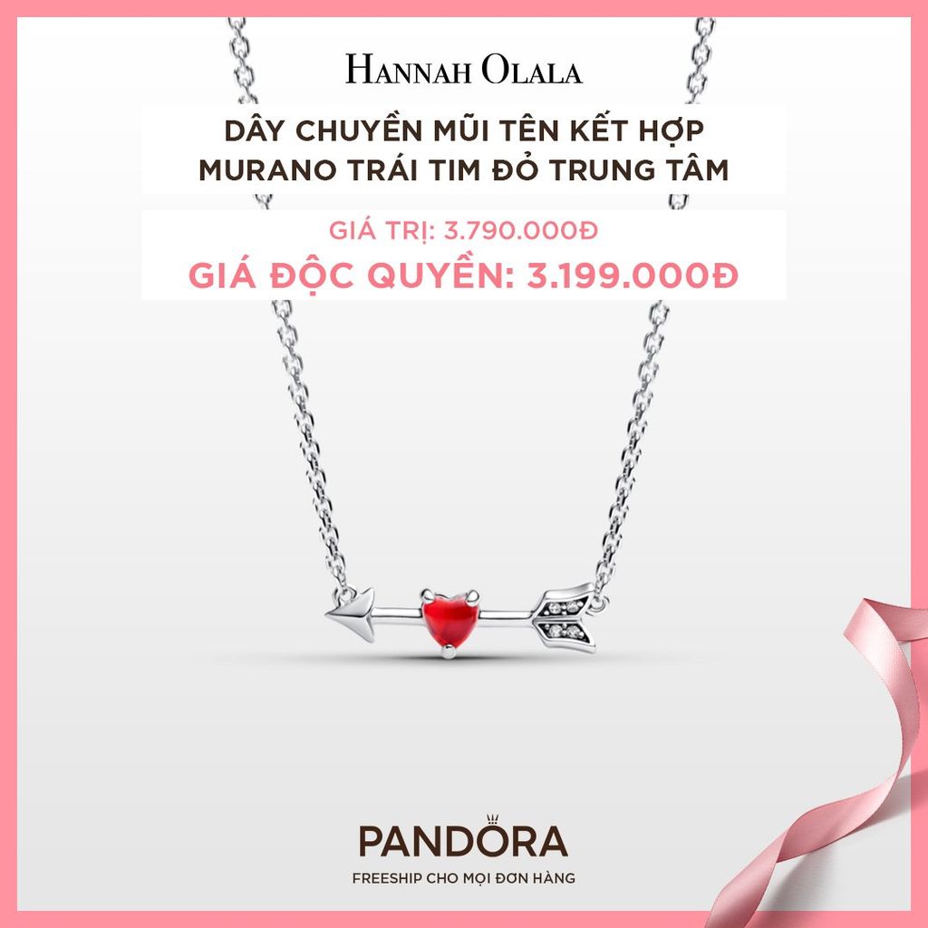 A67_DEAL 60: DÂY CHUYỀN PANDORA MŨI TÊN KẾT HỢP MURANO TRÁI TIM ĐỎ TRUNG TÂM