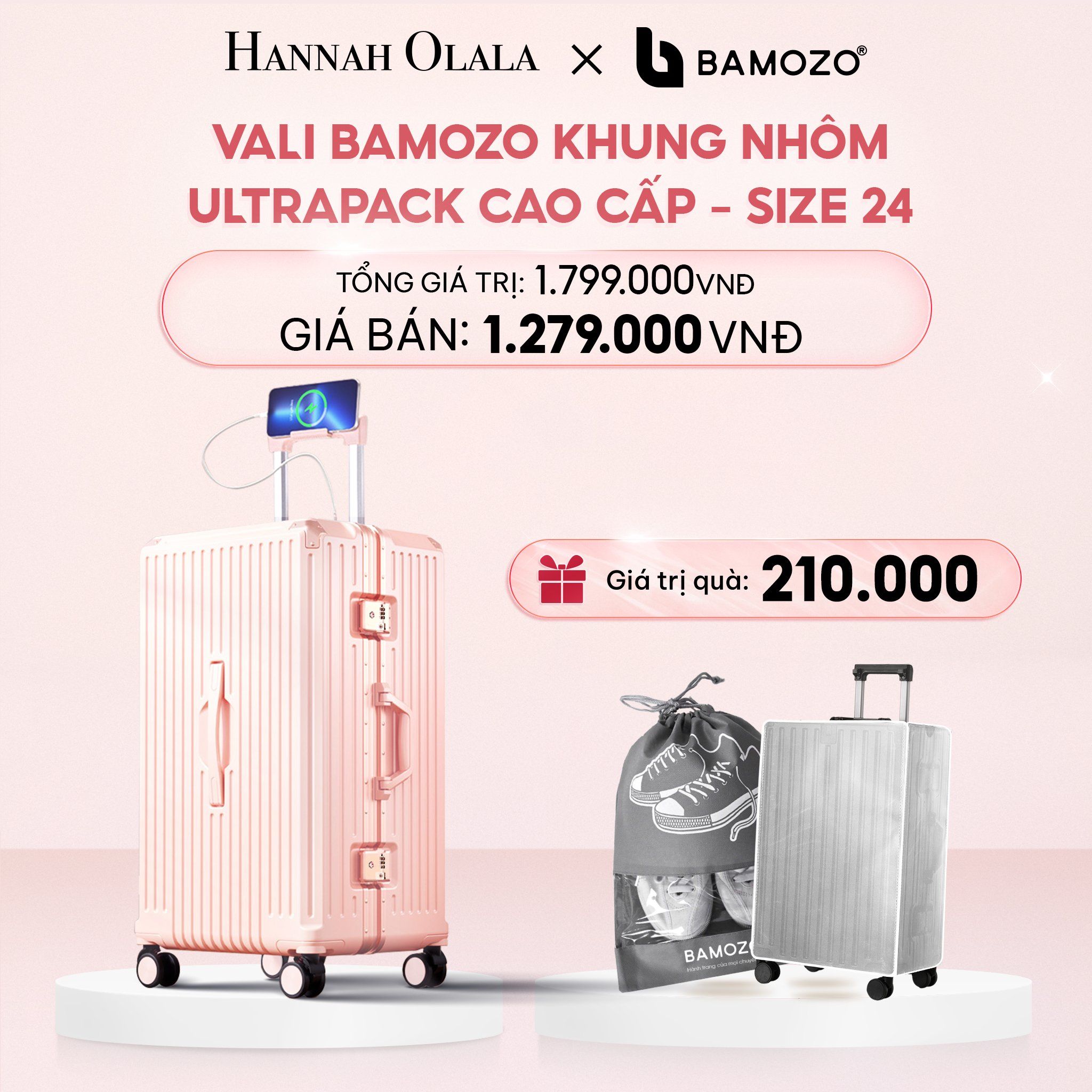 E52_DEAL 4: VALI BAMOZO KHUNG NHÔM ULTRAPACK CAO CẤP (TẶNG BỌC VALI CC TRONG SUỐT + TÚI ĐỰNG GIÀY)