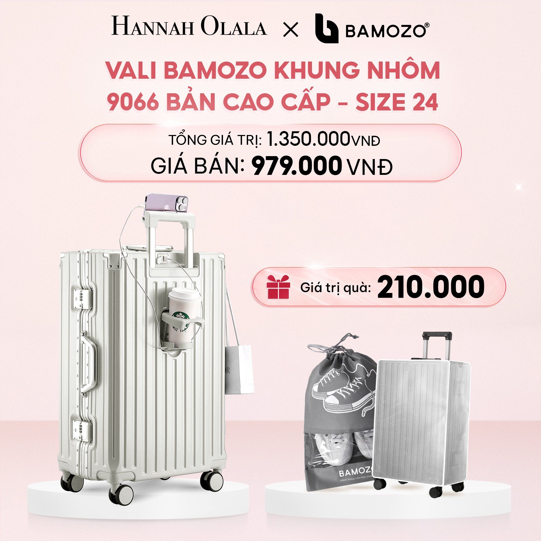 E4_DEAL 1: VALI BAMOZO KHUNG NHÔM 9066 BẢN CAO CẤP (TẶNG BỌC VALI CC TRONG SUỐT + TÚI ĐỰNG GIÀY)